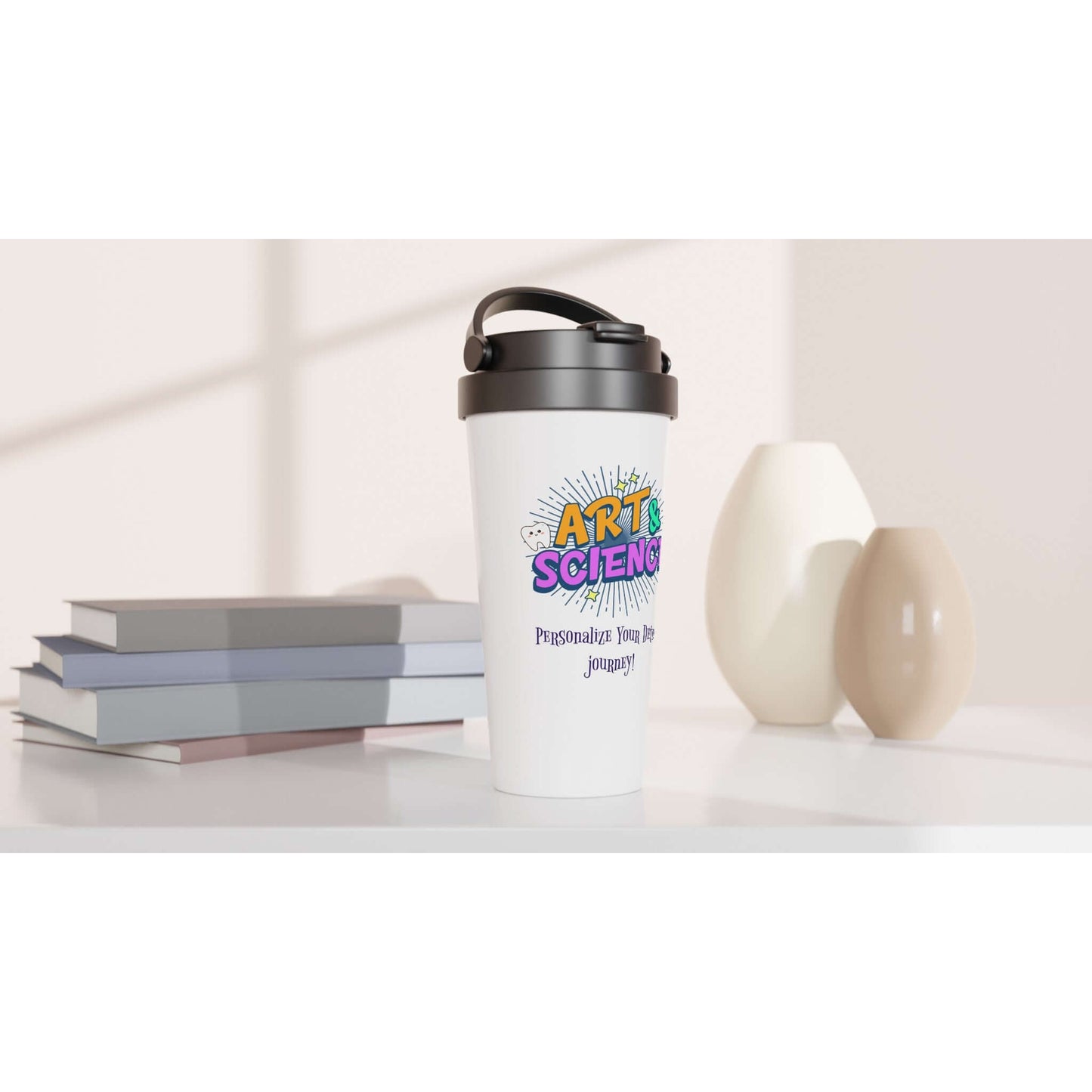 Art & Science - Personalized 15oz Stainless Steel Travel Mug on a table with books and vases.