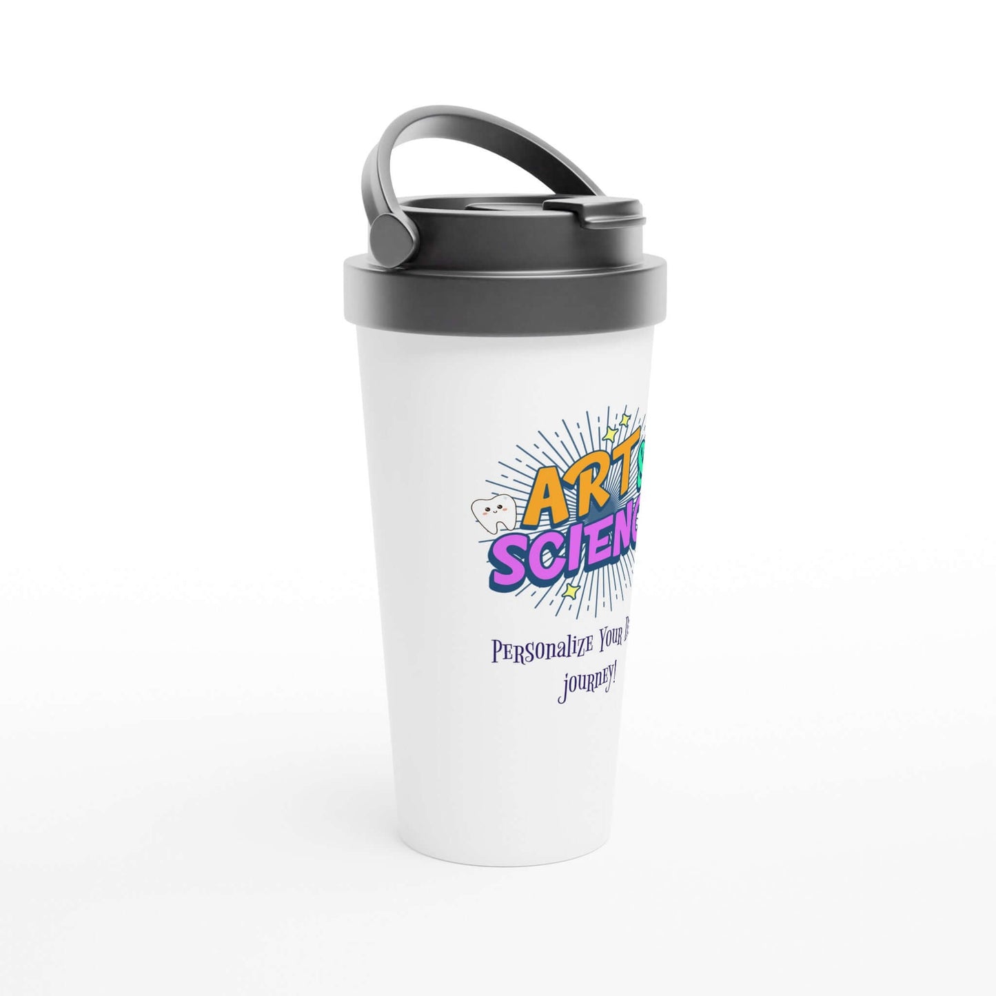 Art & Science Personalized 15oz Stainless Steel Travel Mug with colorful graphic and custom text option.