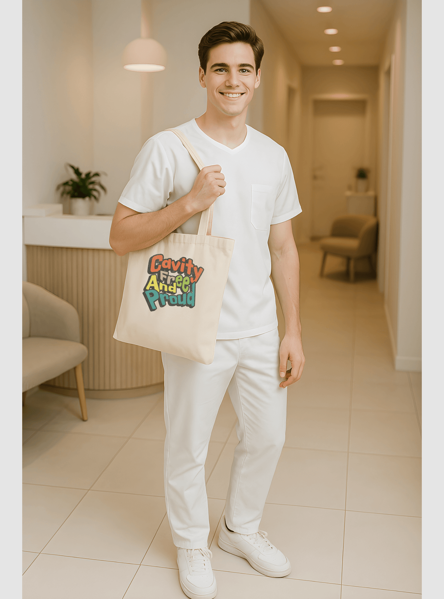 Young man smiling while holding a Cavity Free And Proud personalized premium tote bag in a modern interior.