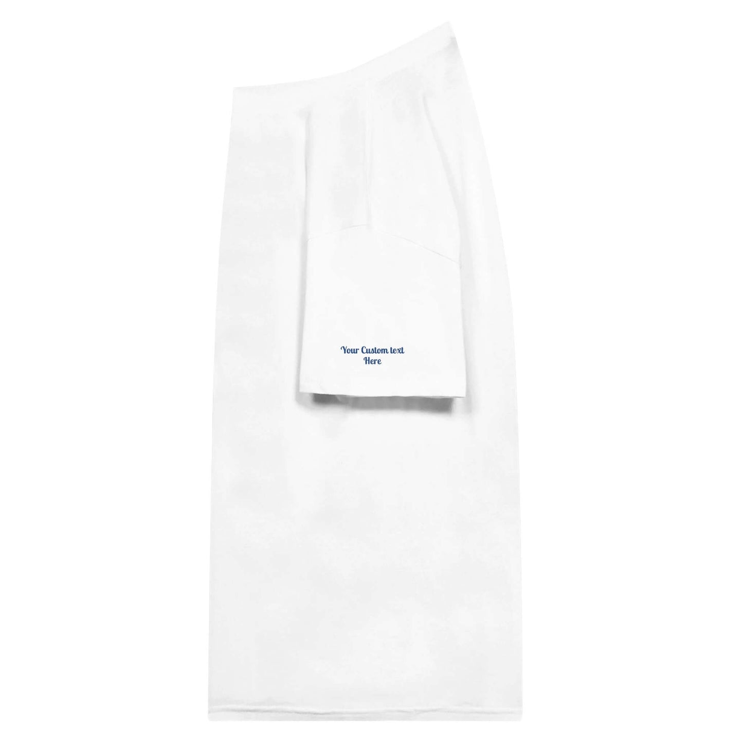 Personalized white cloth apron with custom text on the pocket, ideal for chefs and decorators.