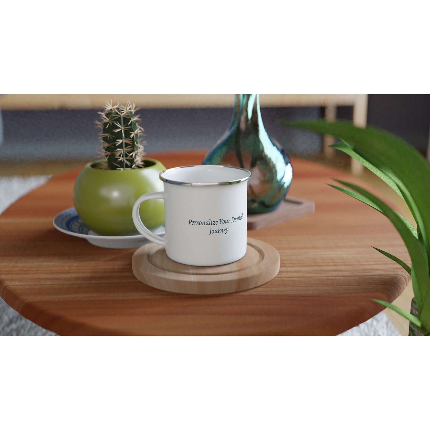 Destined For Dentistry personalized white 12oz enamel mug on a wooden table with greenery and decor.