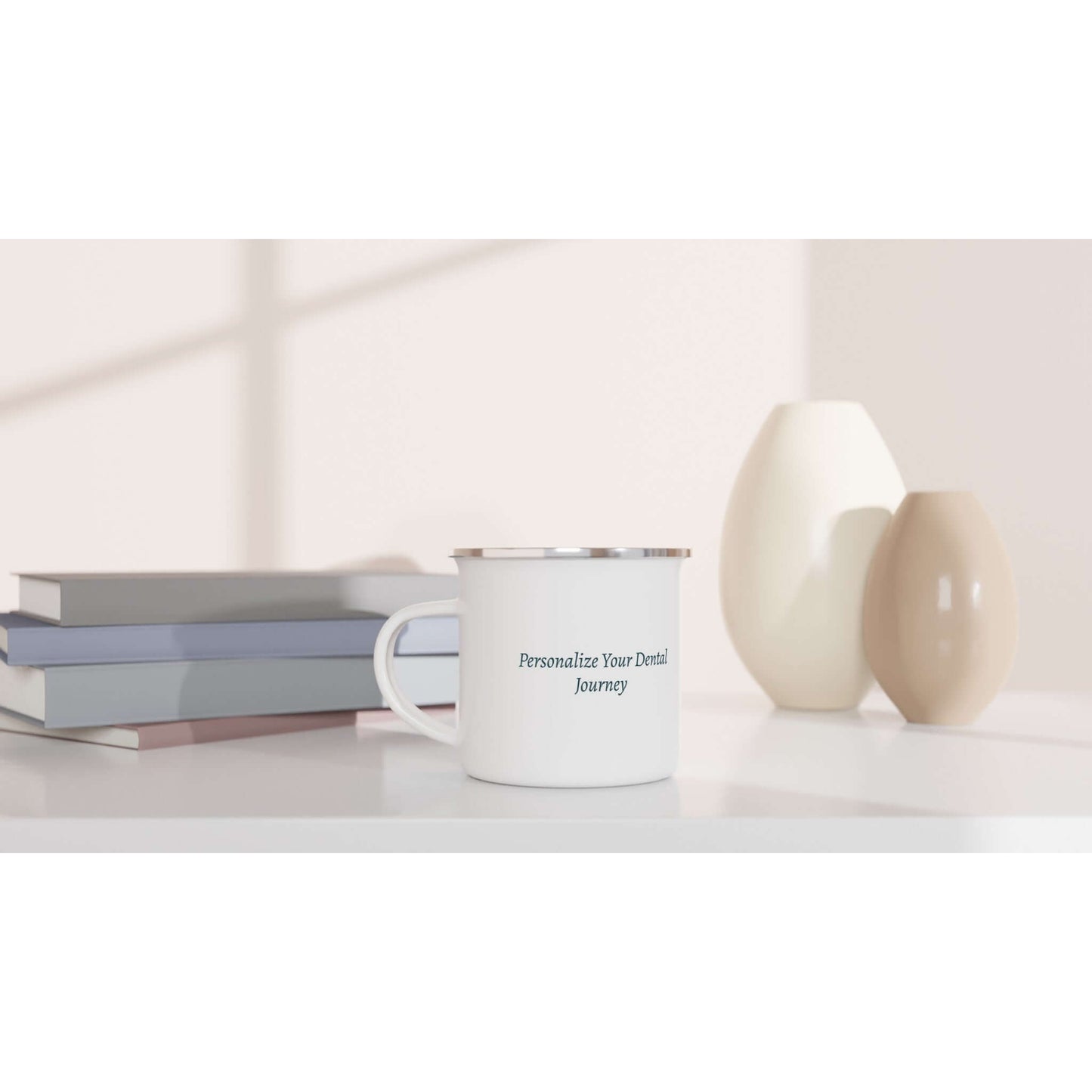 Destined For Dentistry personalized white 12oz enamel mug with silver rim on a table, ideal for dental professionals.