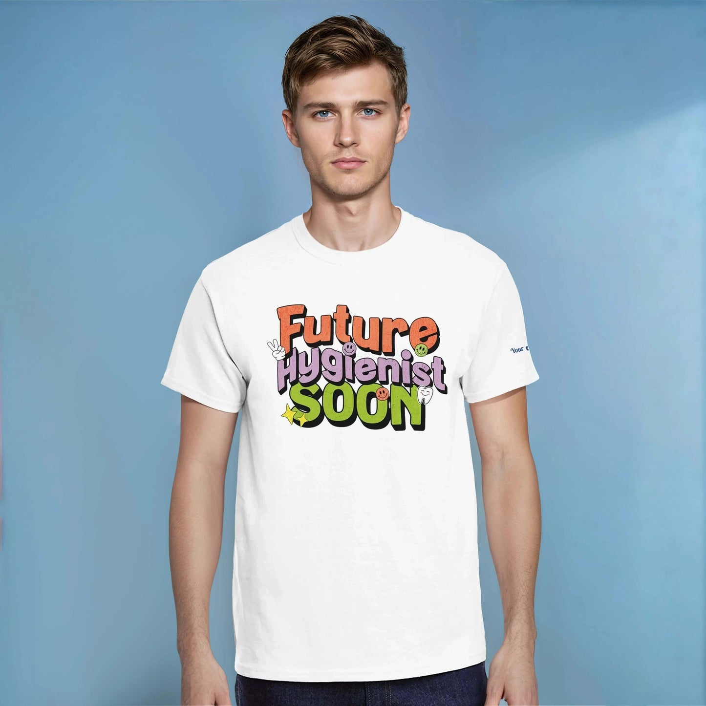 Future Hygienist Soon personalized heavyweight unisex crewneck T-Shirt displayed by a male model in a casual setting.