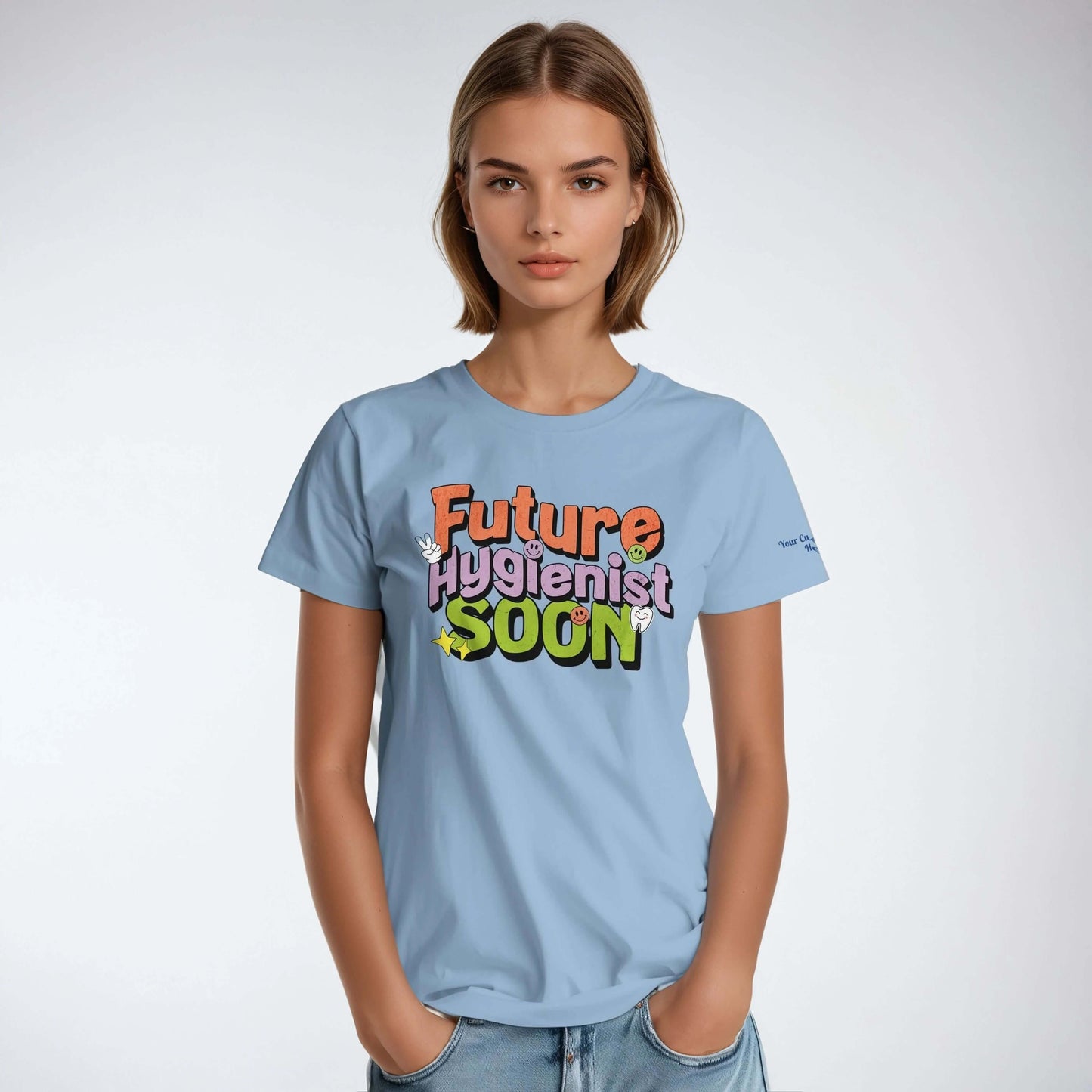 Future Hygienist Soon personalized heavyweight unisex crewneck t-shirt in light blue, showcasing dental aspirations.