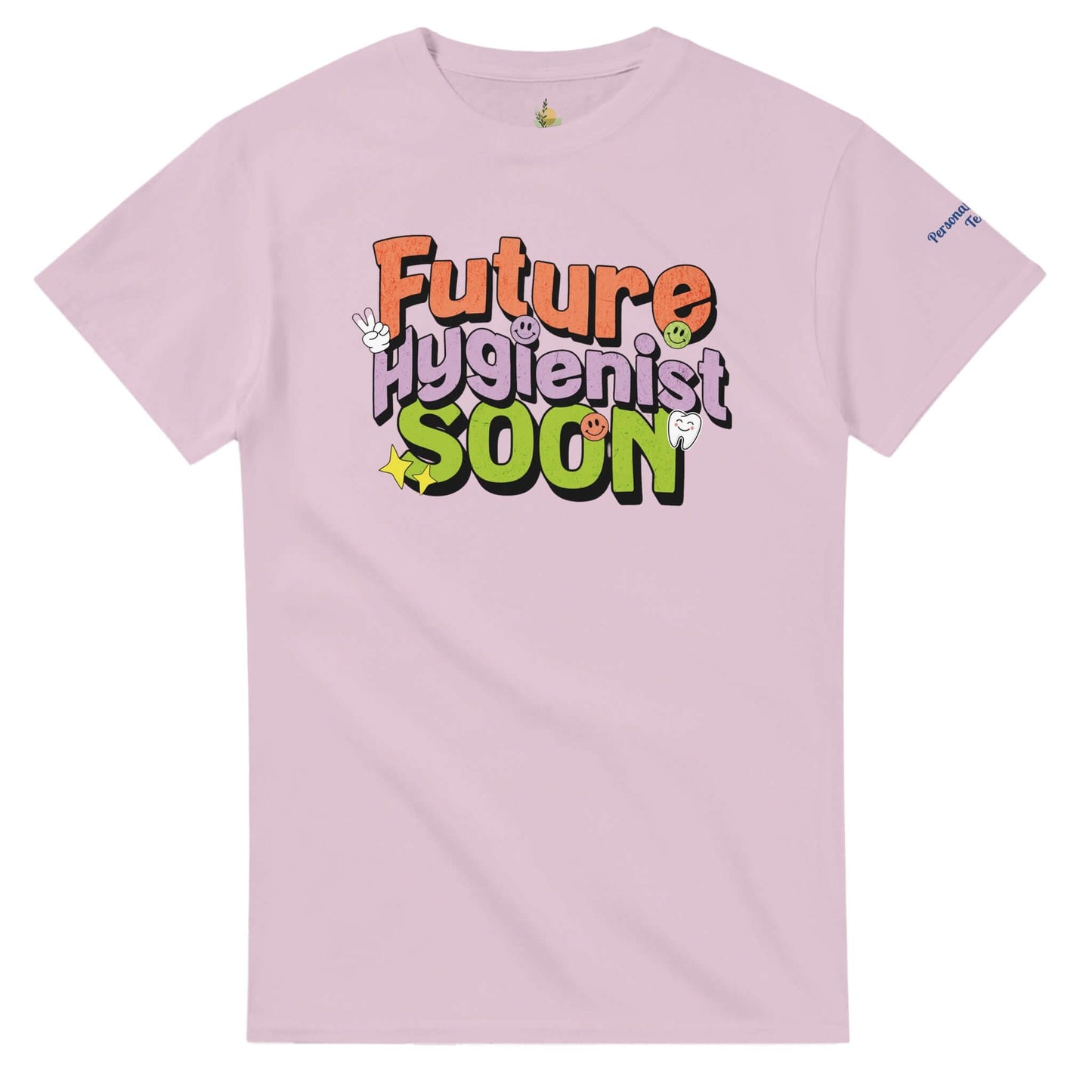 Future Hygienist Soon Personalized Heavyweight Unisex Crewneck T-Shirt in pink with colorful lettering.