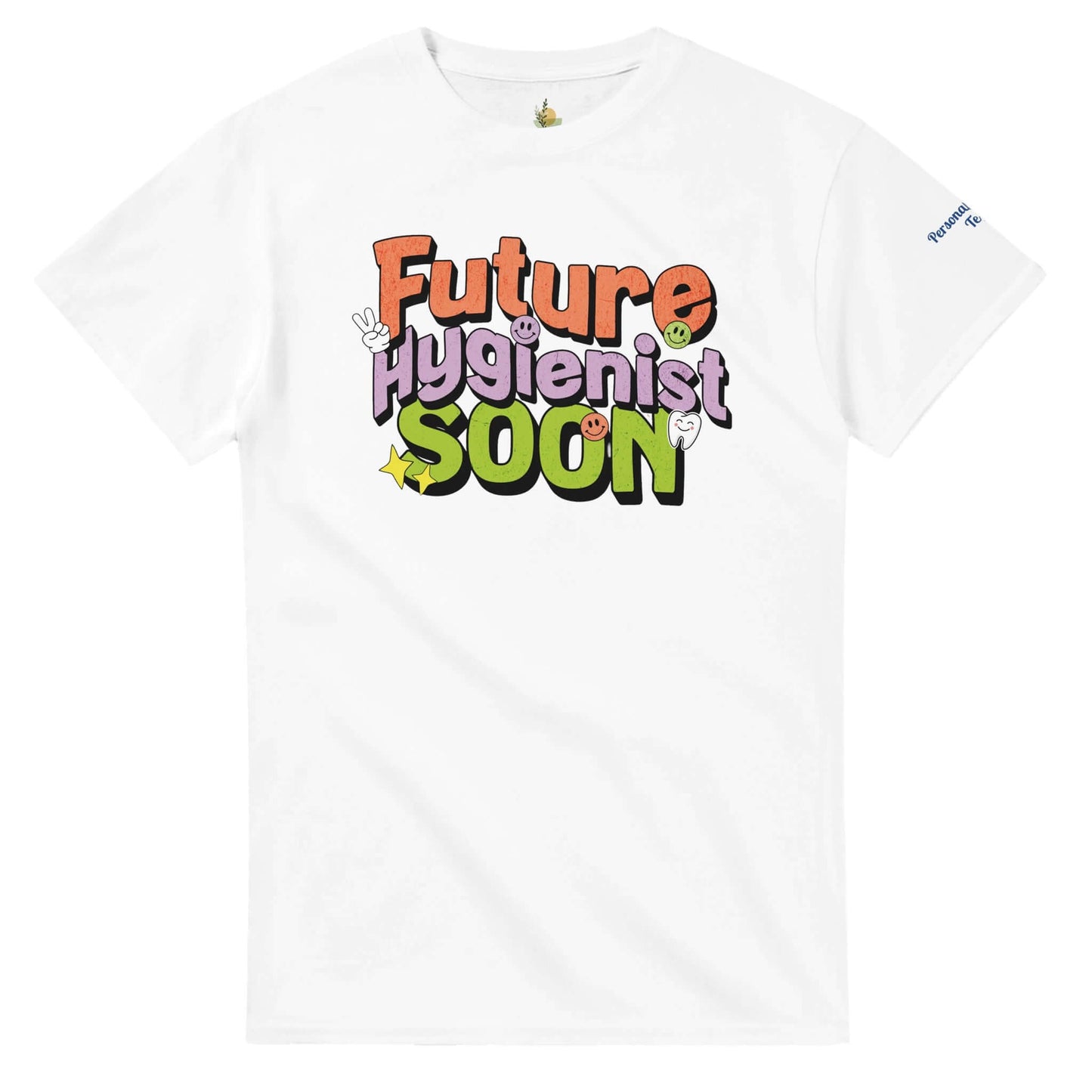 Future Hygienist Soon personalized heavyweight unisex crewneck T-shirt in white with colorful text design.