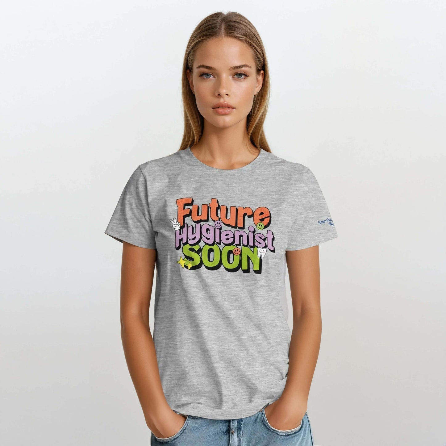 Future Hygienist Soon - Personalized Heavyweight Unisex Crewneck T-Shirt displayed by model in gray.