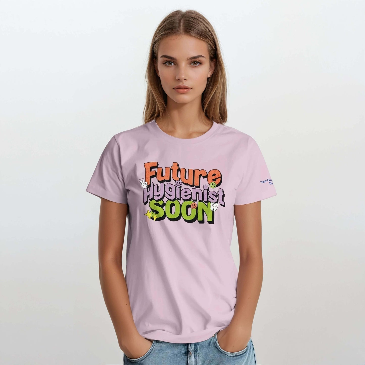 Future Hygienist Soon personalized heavyweight unisex crewneck t-shirt in pink worn by a model.