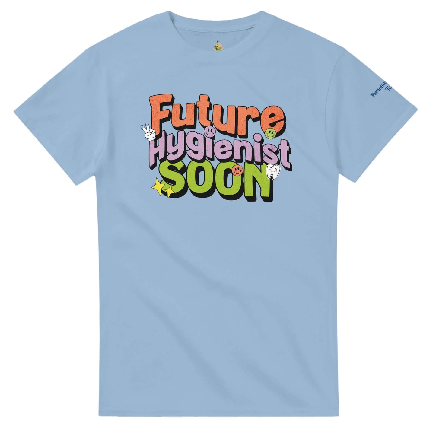 Future Hygienist Soon - Personalized Heavyweight Unisex Crewneck T-Shirt in light blue with colorful graphic design.