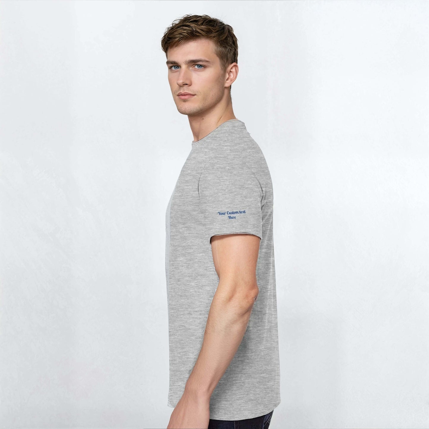 Side view of a man wearing a Future Hygienist Soon personalized heavyweight crewneck T-shirt in grey.