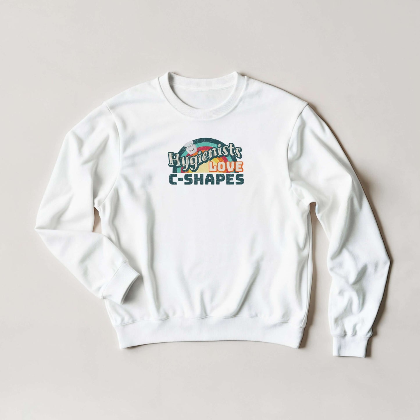 Hygienists LOVE C-Shapes graphic on a personalized white unisex crewneck sweatshirt by Gildan®.