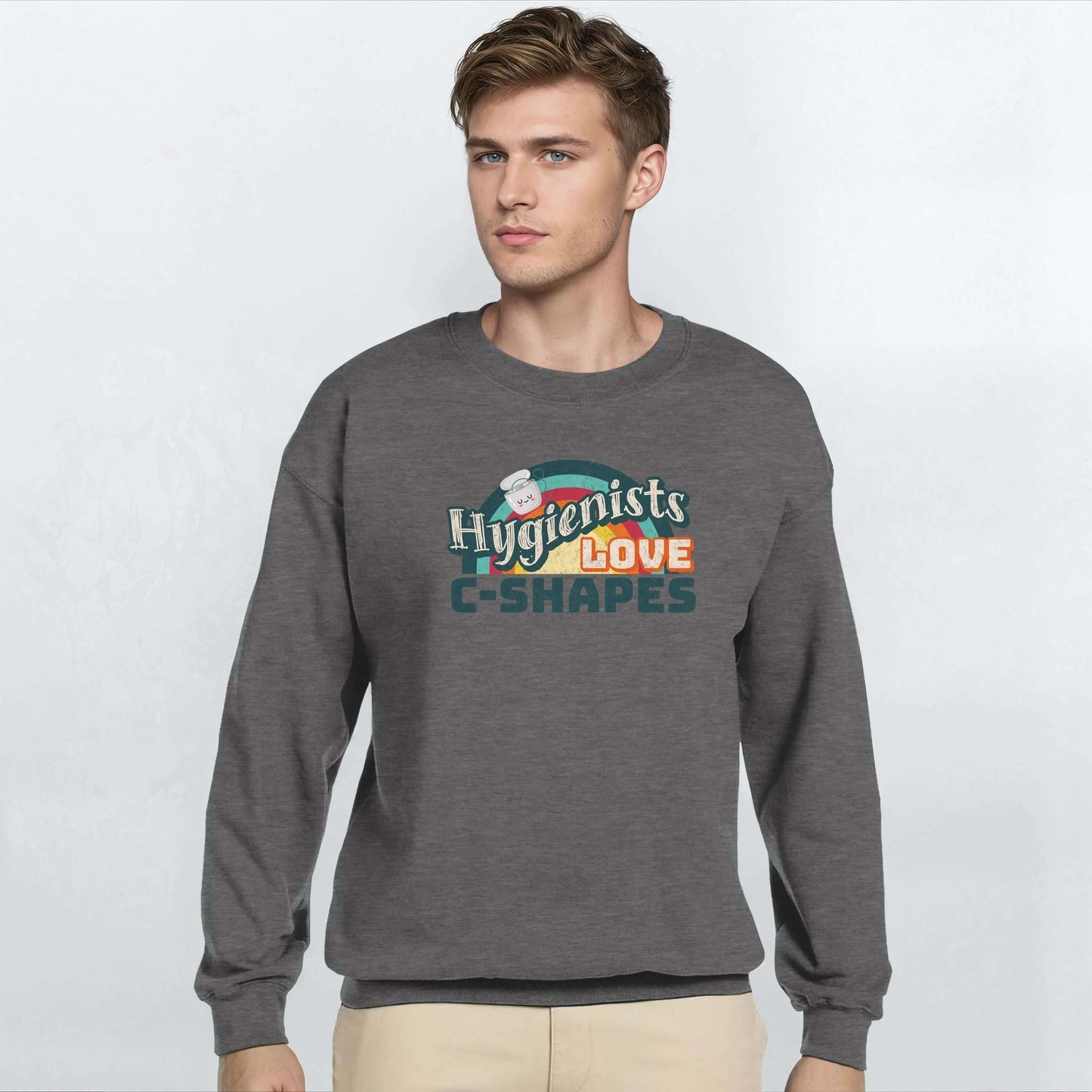 Hygienists LOVE C-Shapes Personalized Classic Unisex Crewneck Sweatshirt, gray color, worn by a young man.