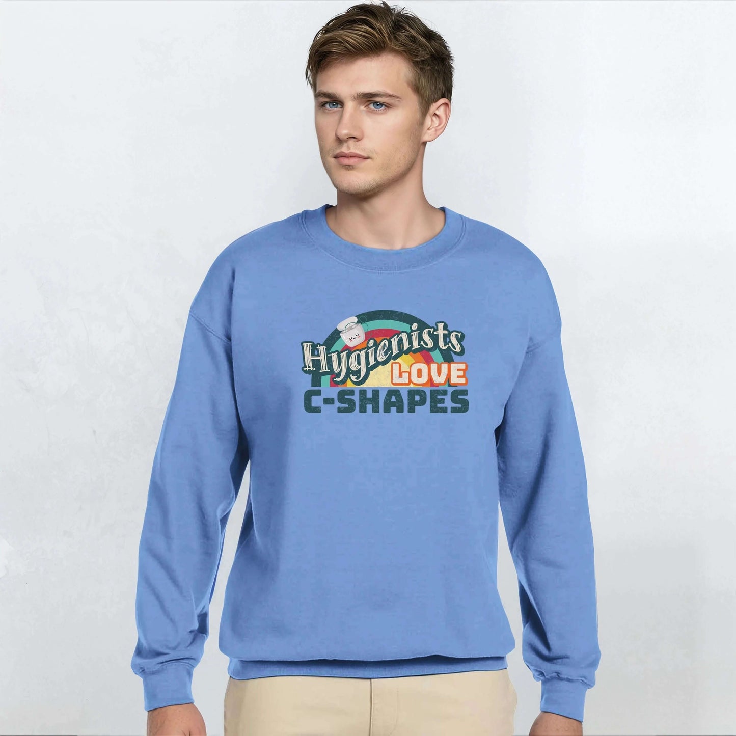 Hygienists LOVE C-Shapes personalized crewneck sweatshirt in blue, featuring stylish graphic design.