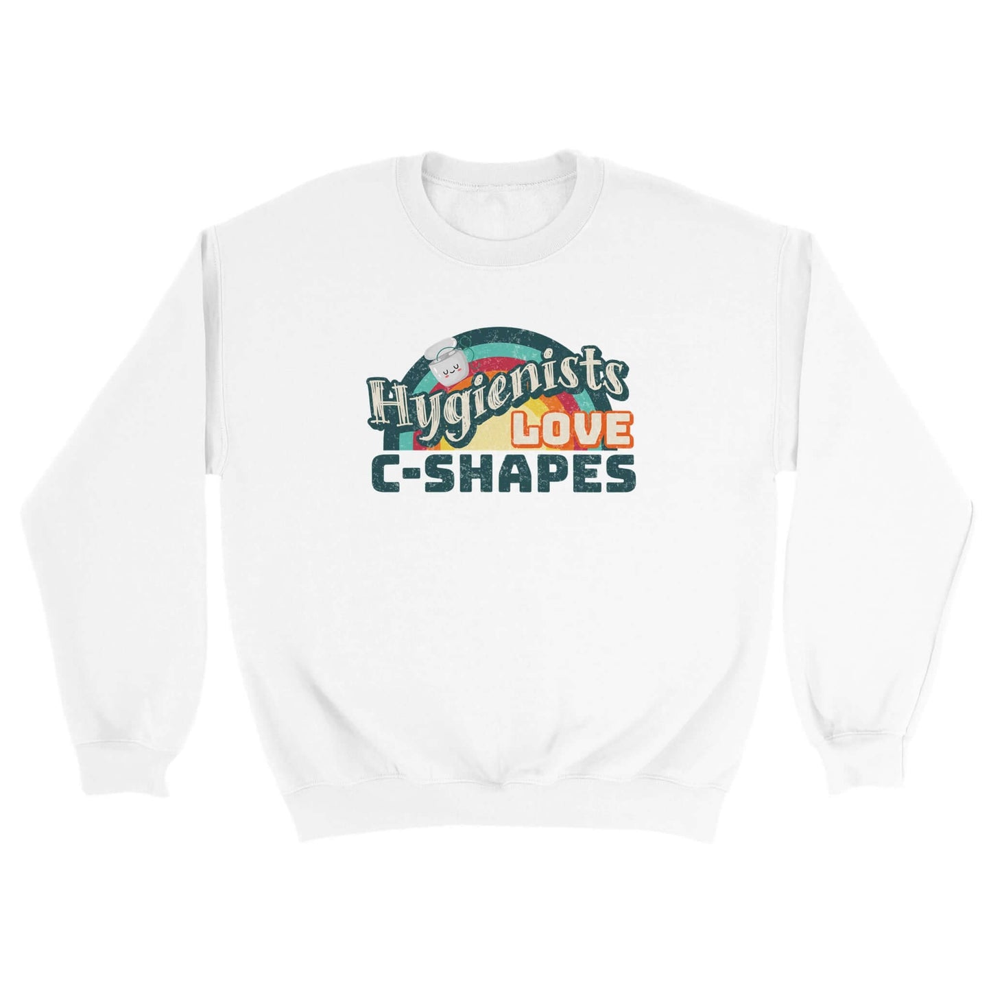 Hygienists LOVE C-Shapes graphic on personalized unisex crewneck sweatshirt by Gildan® 18000, cozy and durable.