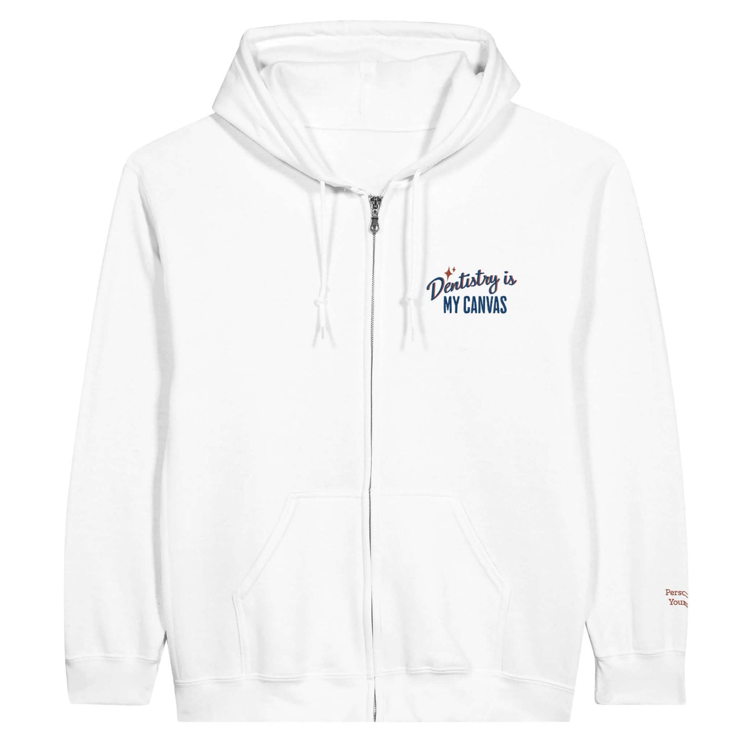 Personalized Classic Unisex Zip Hoodie in white featuring ‘Dentistry is My Canvas’ embroidery.