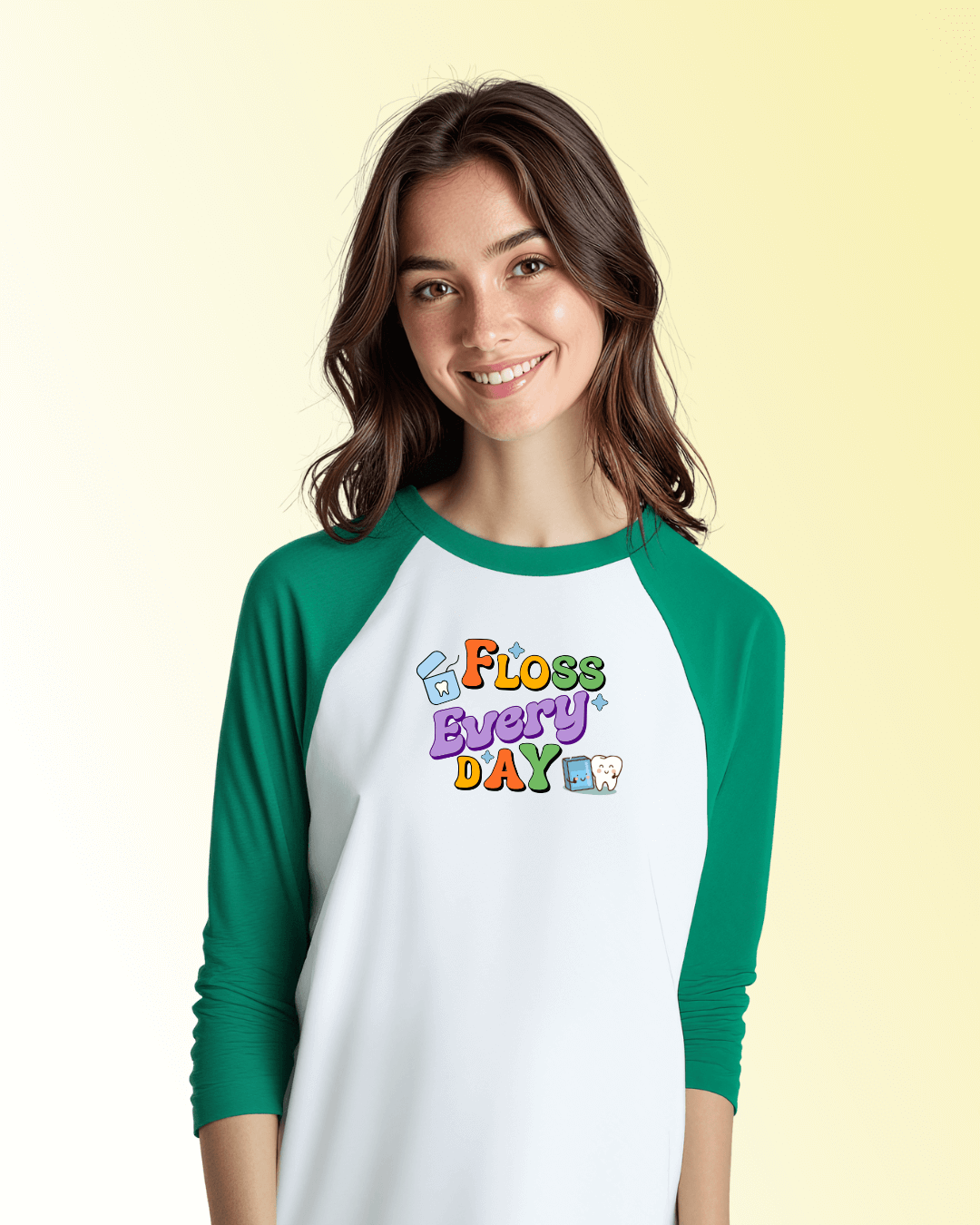 Personalized Unisex 3/4 Sleeve Raglan T-Shirt | Floss Everyday design on model, showcasing fun and casual style.