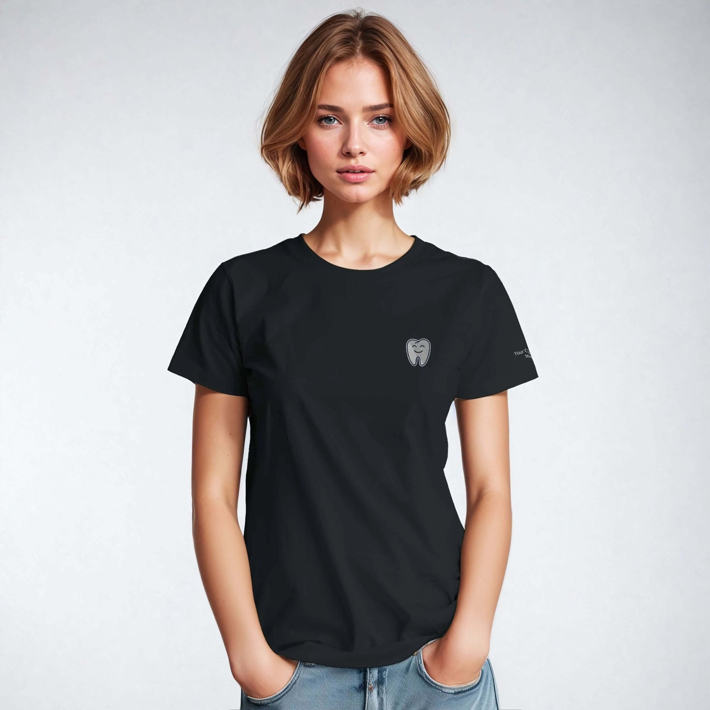 Personalized Heavyweight Unisex Crewneck T-Shirt with Smiling Tooth Embroidery, model wearing black tee.