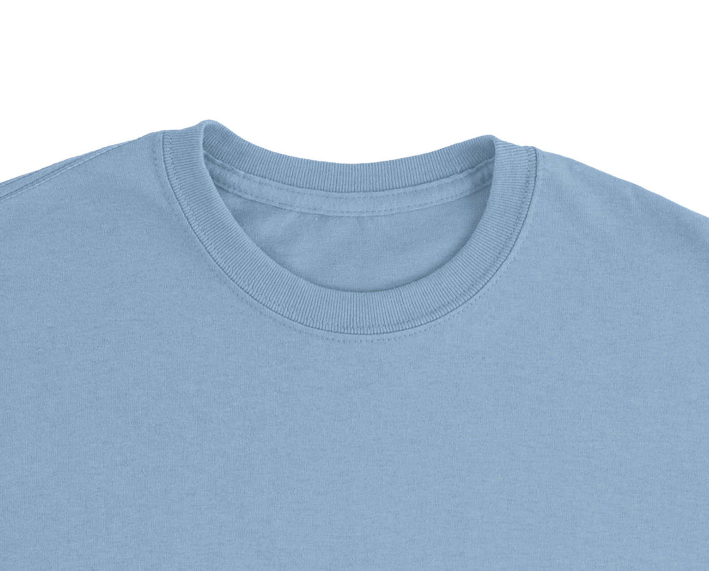 Close-up of the neckline of a Personalized Heavyweight Unisex Crewneck T-Shirt in light blue color.