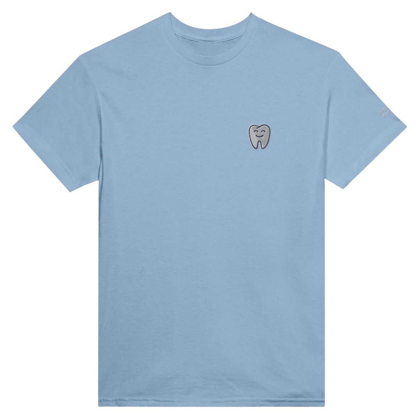 Personalized Heavyweight Unisex Crewneck T-Shirt with Smiling Tooth Embroidery in light blue color.