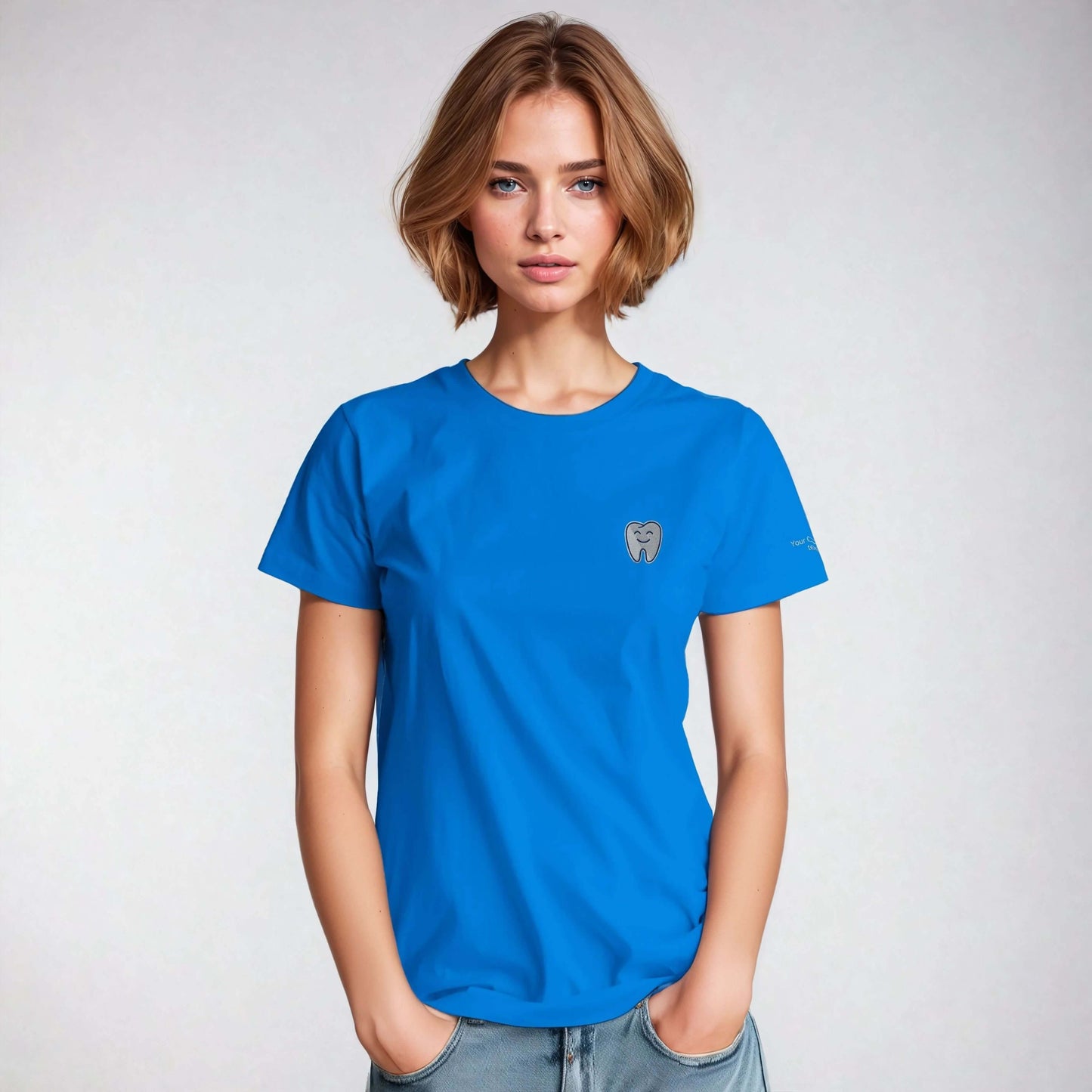 Personalized Heavyweight Unisex Crewneck T-Shirt in blue featuring Smiling Tooth Embroidery for dental professionals.