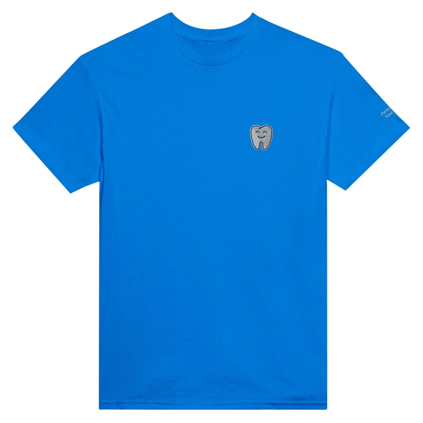 Personalized Heavyweight Unisex Crewneck T-Shirt in blue with Smiling Tooth Embroidery, Gildan 5000 style.