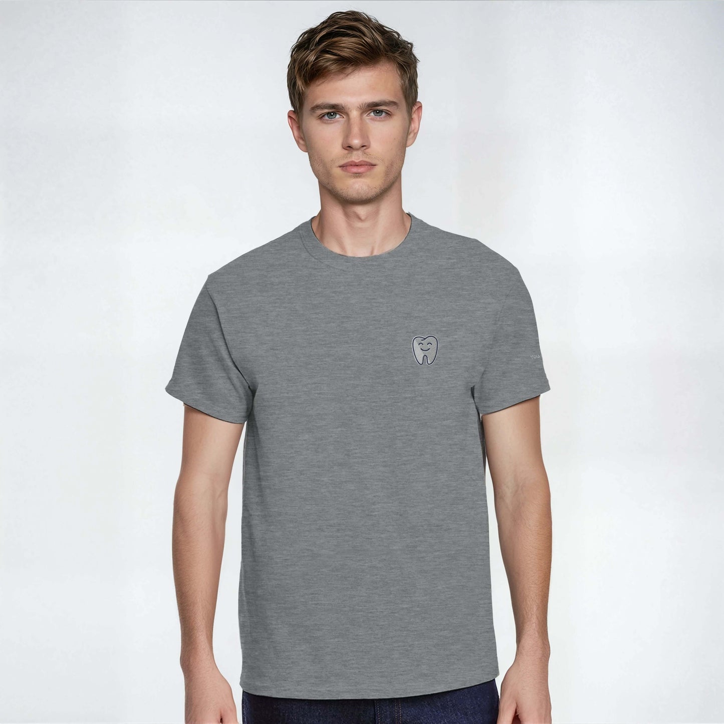 Personalized Heavyweight Unisex Crewneck T-Shirt with Smiling Tooth Embroidery - Gildan 5000, worn by male model.