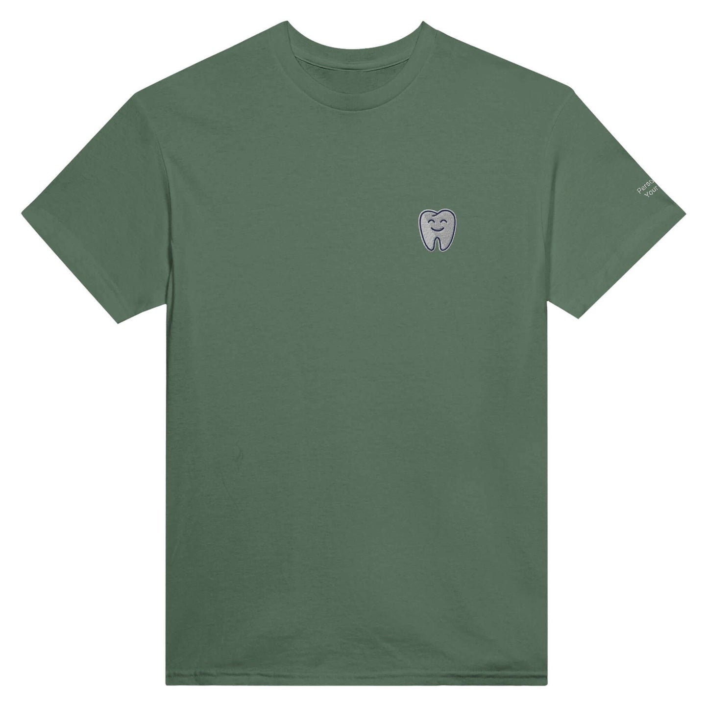 Personalized Heavyweight Unisex Crewneck T-Shirt with Smiling Tooth Embroidery in olive green.