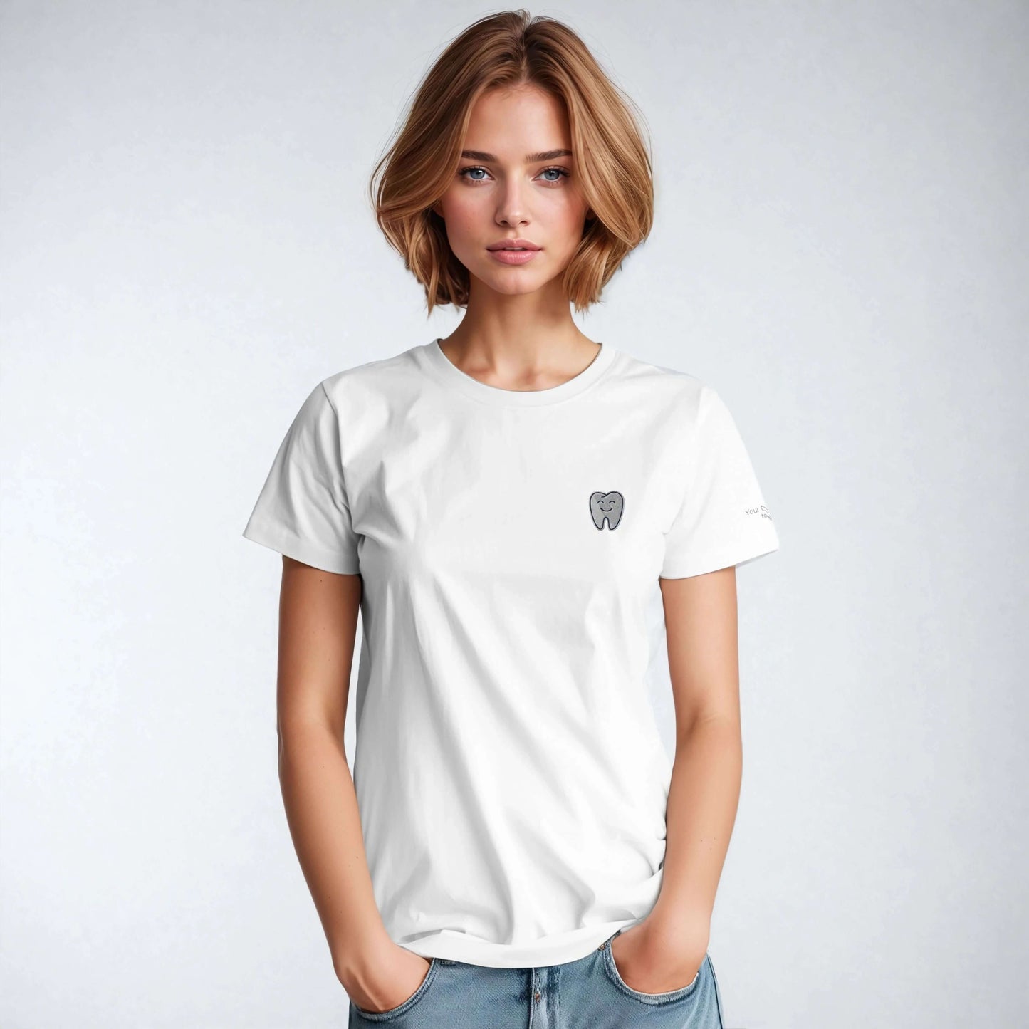 Personalized Heavyweight Unisex Crewneck T-Shirt with Smiling Tooth Embroidery in white color