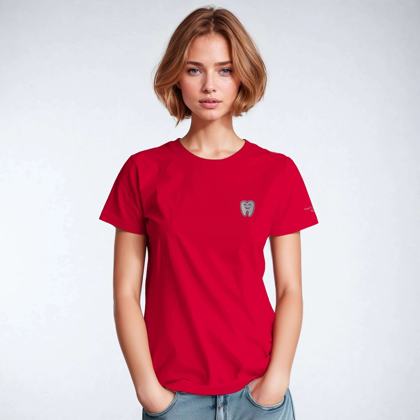 Personalized Heavyweight Unisex Crewneck T-Shirt with Smiling Tooth Embroidery in vibrant red, model wearing it.