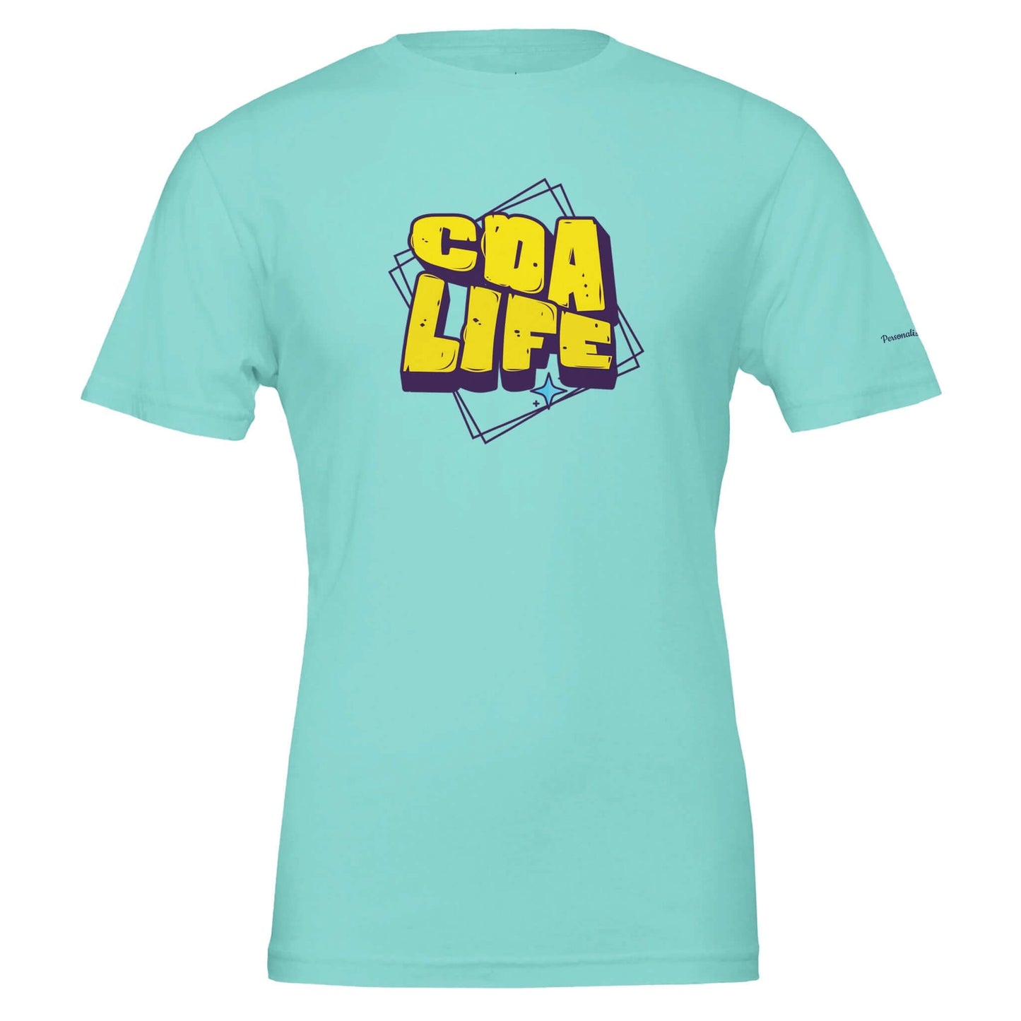 Personalized premium unisex crewneck t-shirt in turquoise featuring bold CDA LIFE graphic.