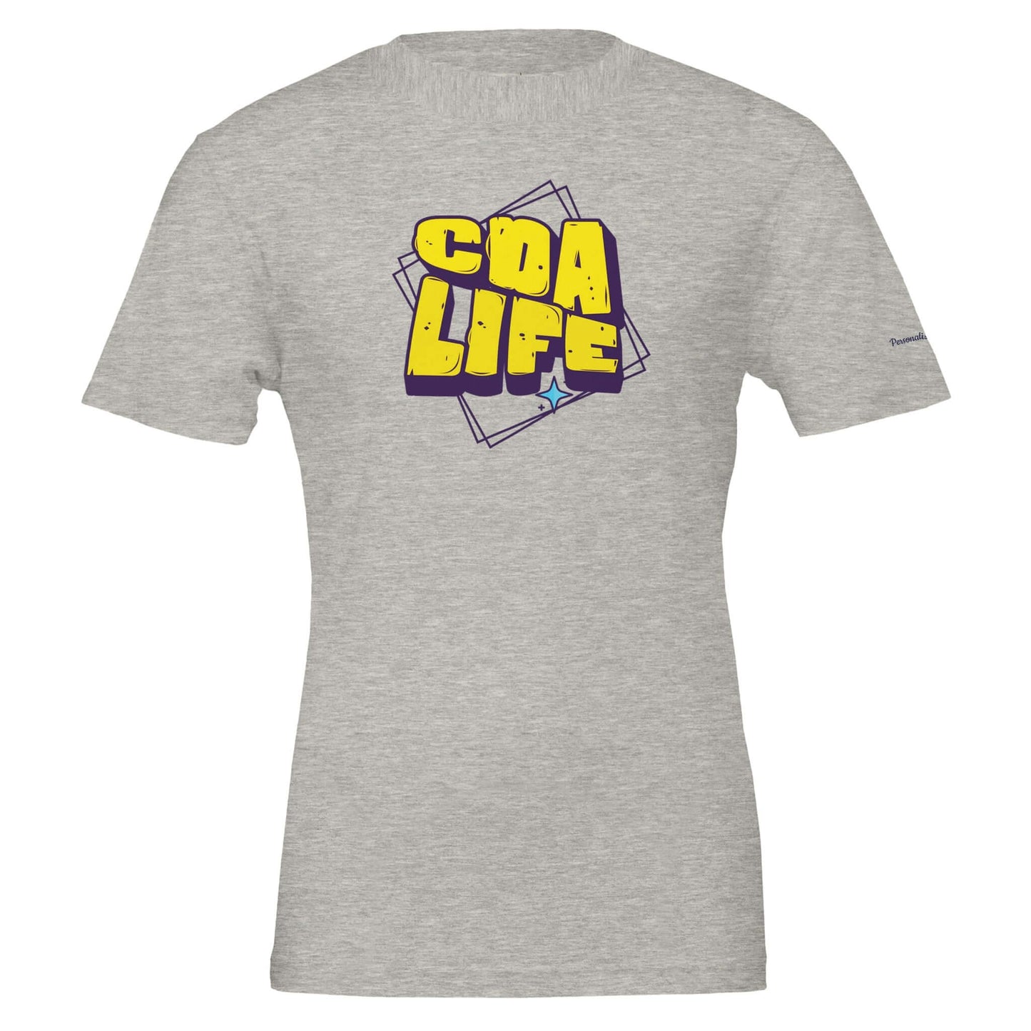 Personalized Premium Unisex Crewneck T-Shirt in gray featuring CDA LIFE design, ultra-soft and comfortable fit.