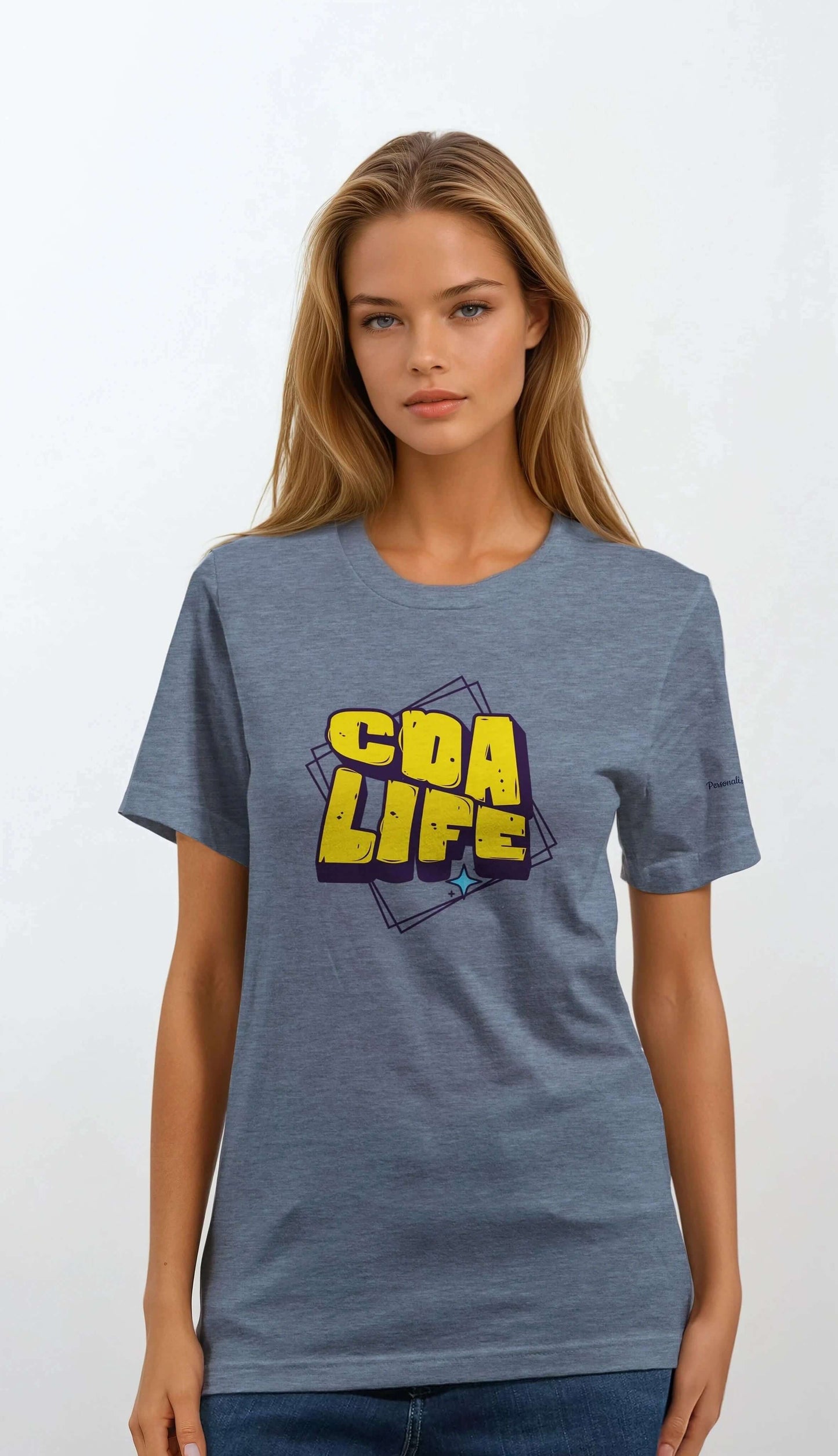 Personalized Premium Unisex Crewneck T-Shirt in gray featuring CDA LIFE logo.