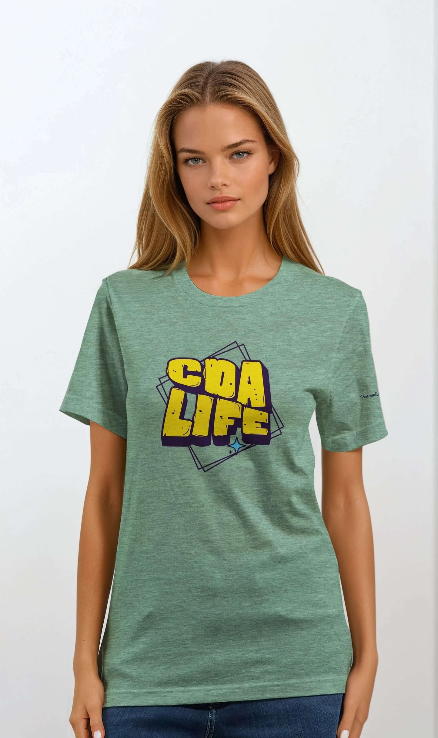 Personalized Premium Unisex Crewneck T-Shirt in green featuring CDA LIFE graphic design.