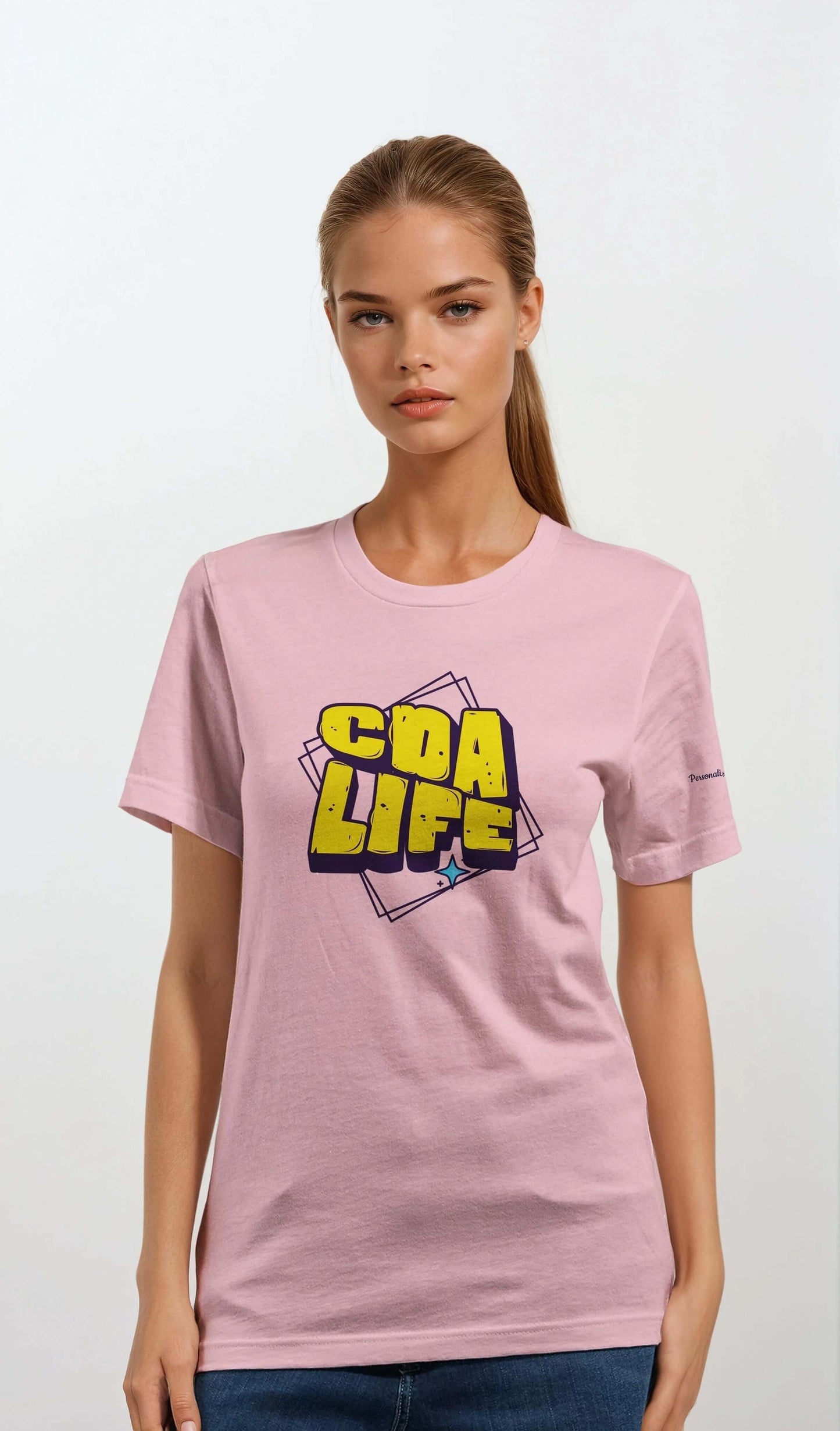 Personalized Premium Unisex Crewneck T-Shirt in pink with CDA LIFE graphic, model wearing Bella + Canvas 3001