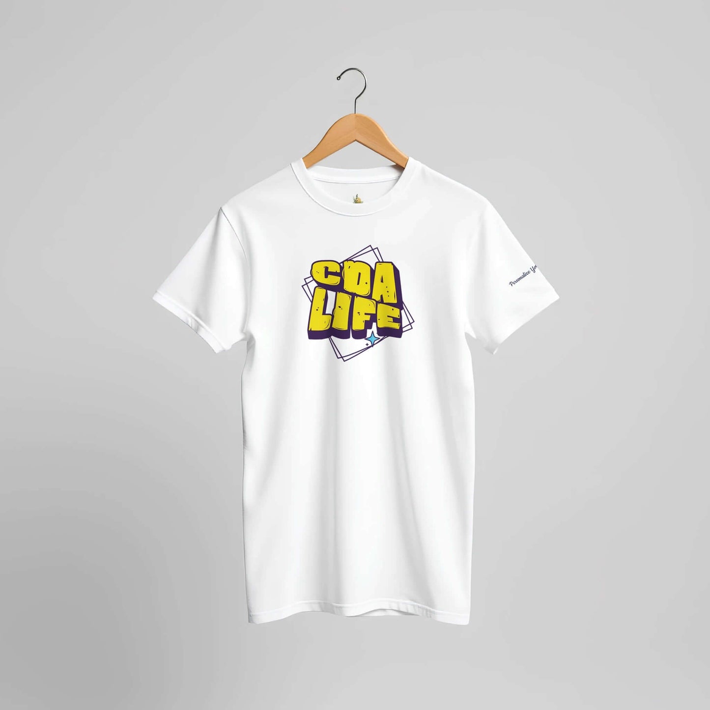 Personalized Premium Unisex Crewneck T-Shirt with CDA LIFE design, featuring a vibrant yellow and blue graphic on a white background.