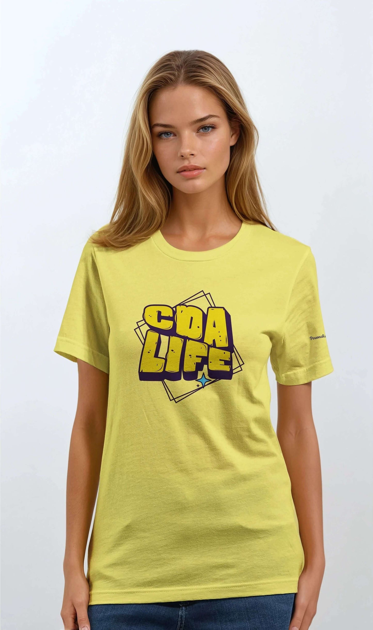 Personalized Premium Unisex Crewneck T-Shirt in yellow with CDA LIFE graphic design.