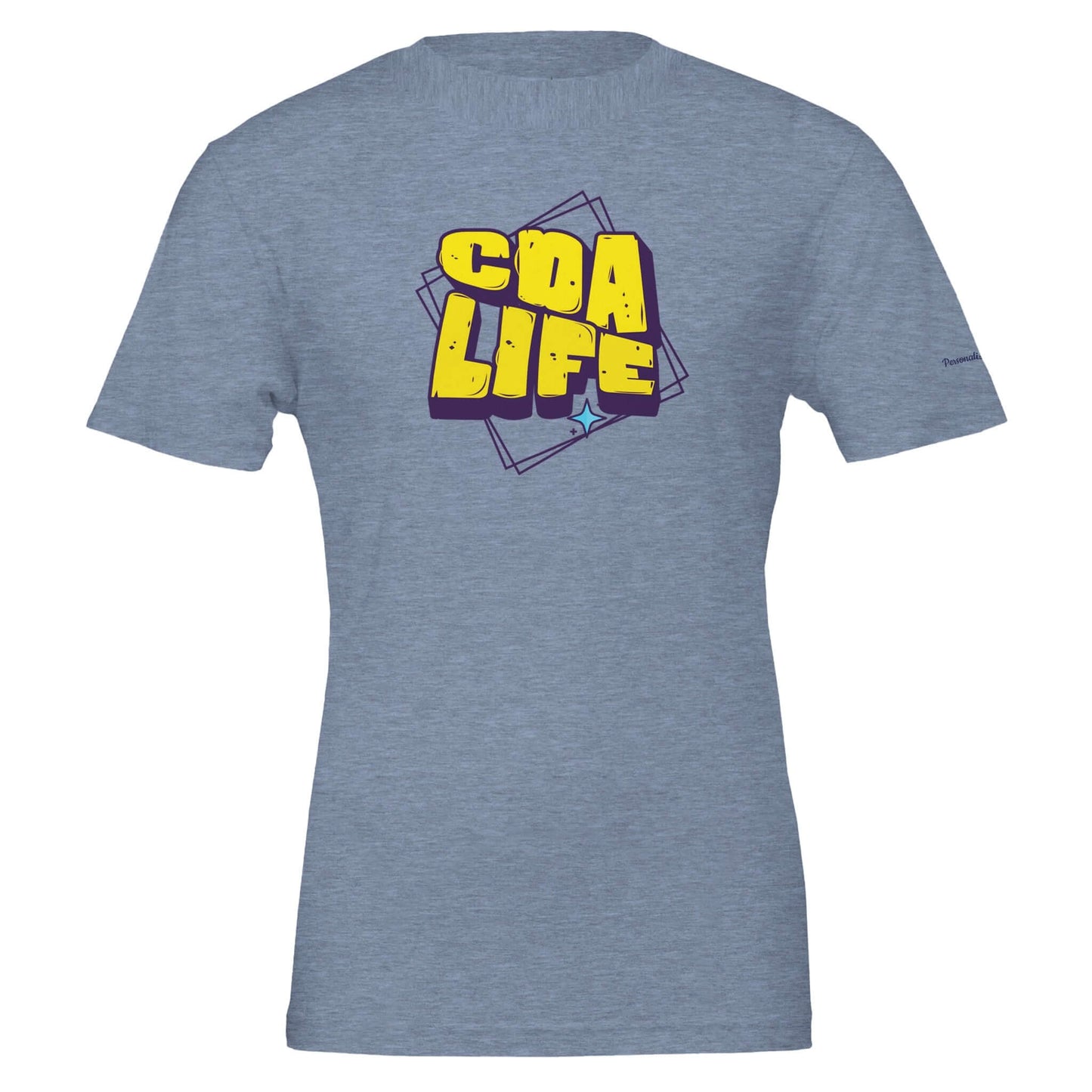 Personalized Premium Unisex Crewneck T-Shirt with CDA LIFE graphic design on blue fabric.