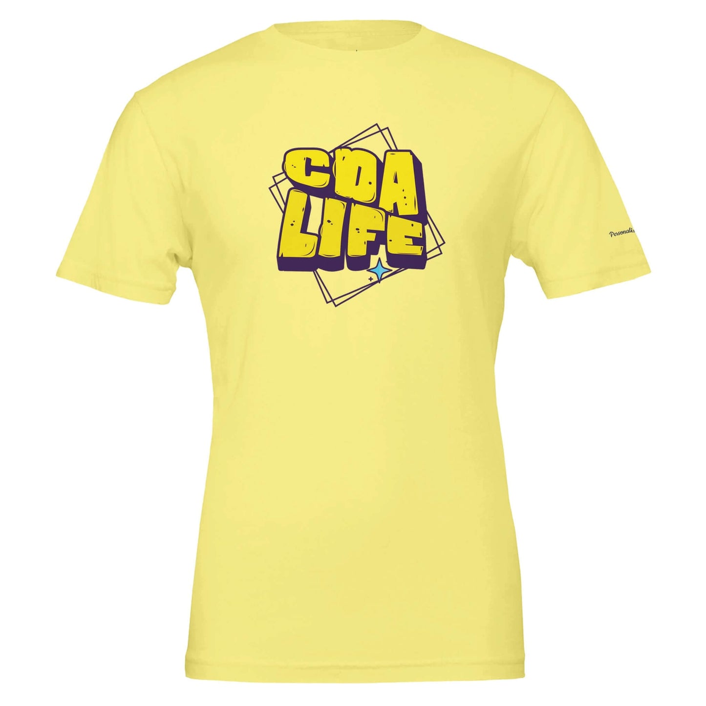 Personalized Premium Unisex Crewneck T-Shirt in yellow with CDA LIFE graphic design.