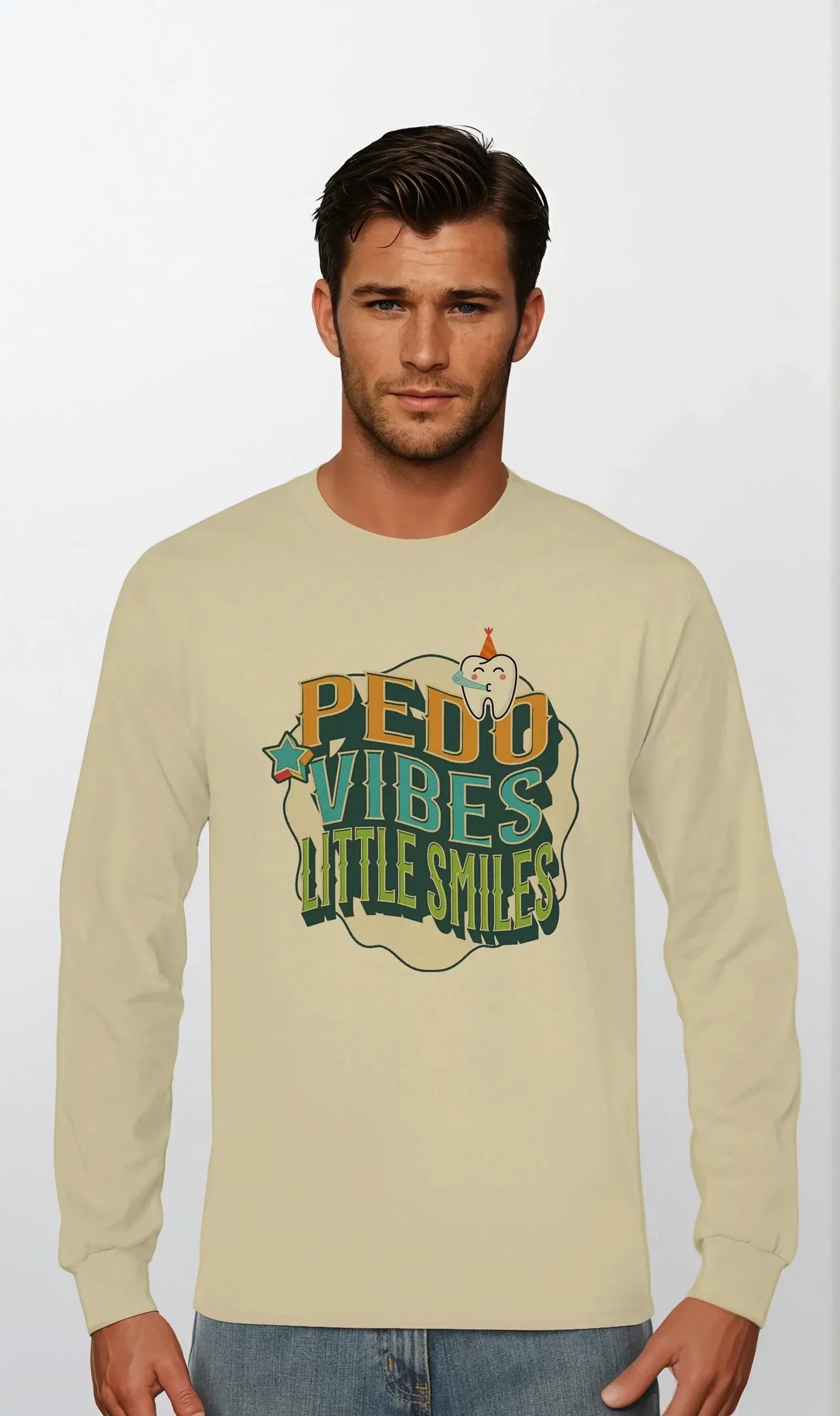 Personalized Premium Unisex Long Sleeve T-shirt featuring 'PEDO VIBES, Little Smiles' design, ideal for pediatric dentistry.