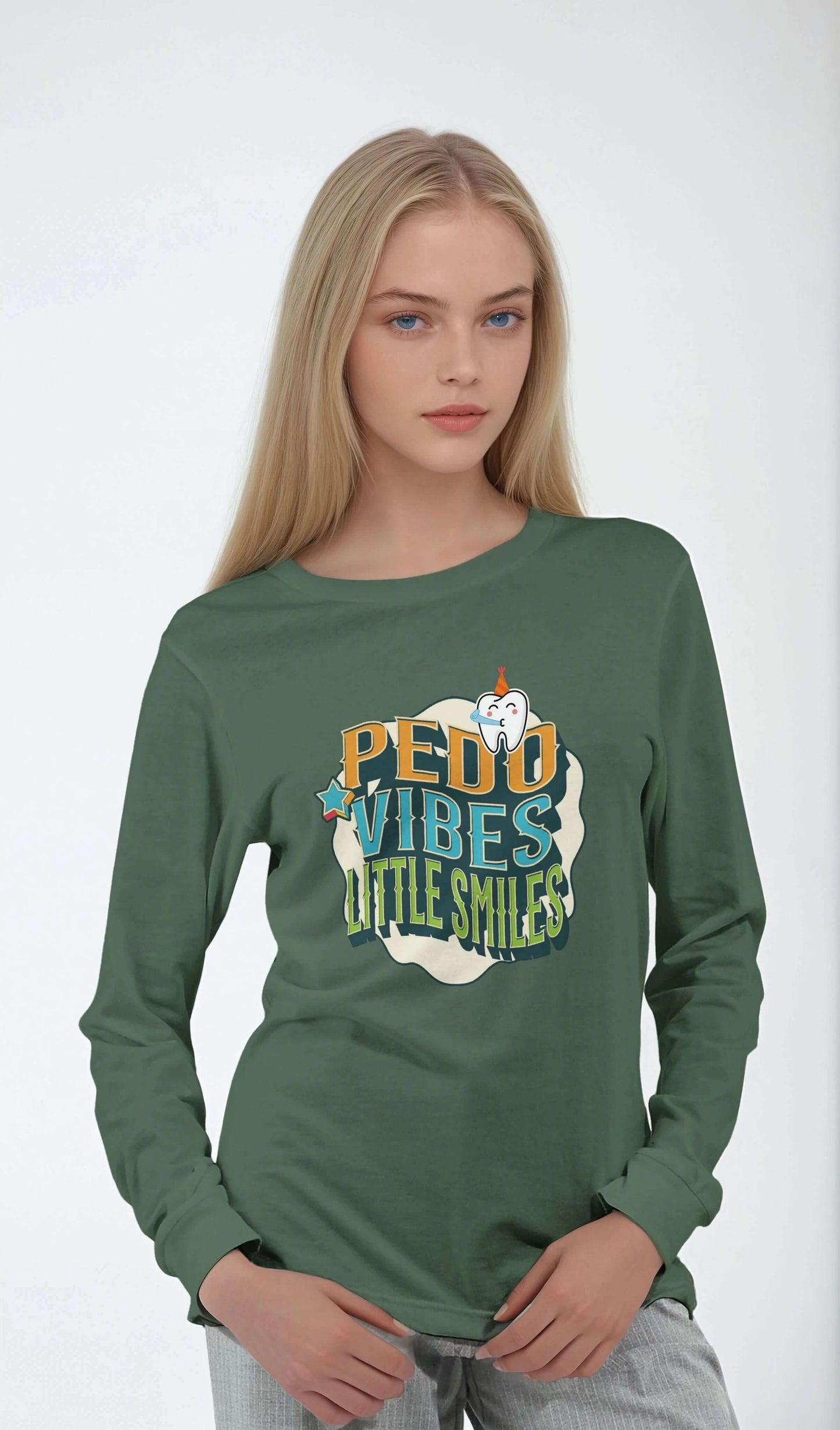 Personalized Premium Unisex Long Sleeve T-shirt in green featuring 'PEDO VIBES, Little Smiles' design.