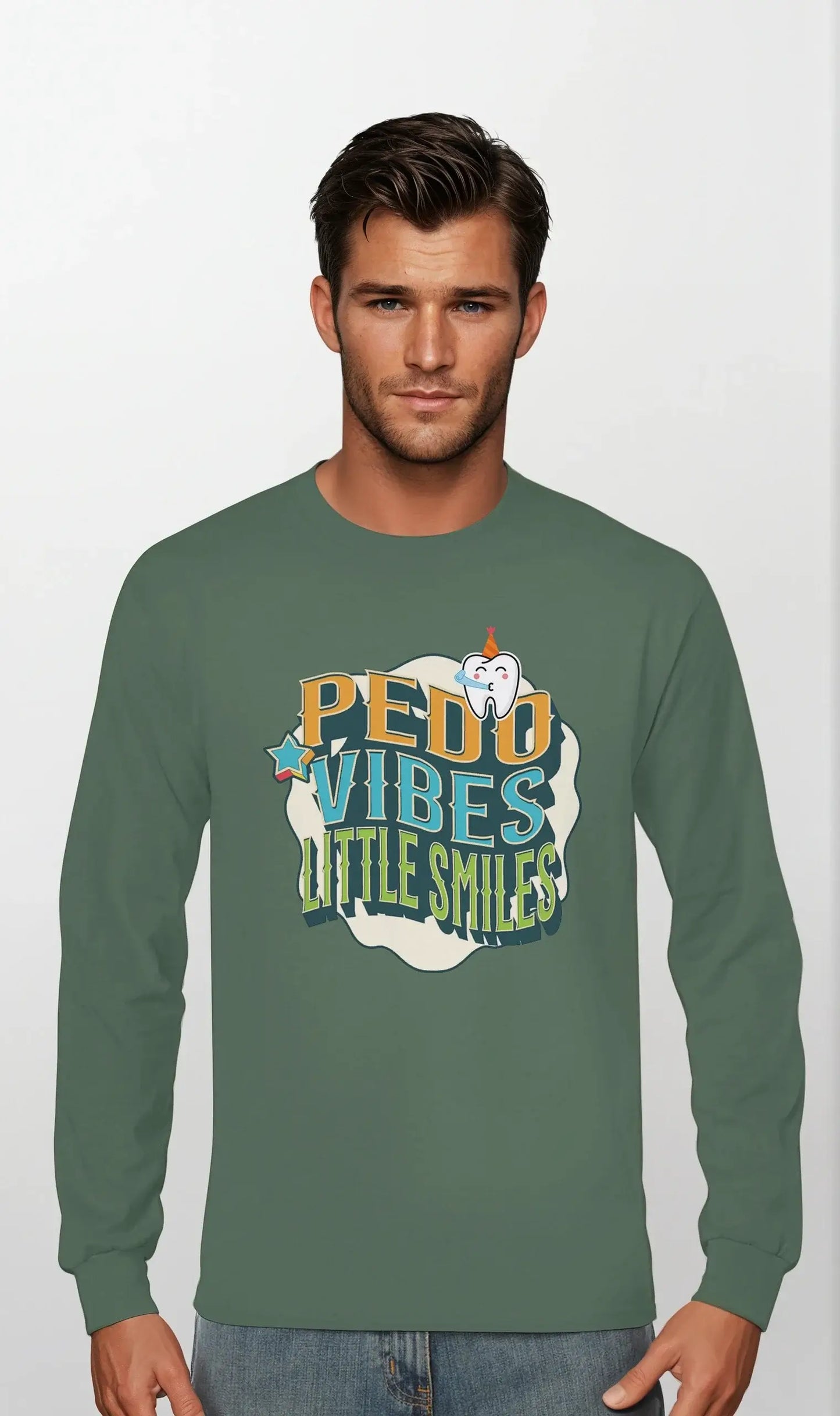 Personalized Premium Unisex Long Sleeve T-shirt featuring 'PEDO VIBES, Little Smiles' design on a green background.