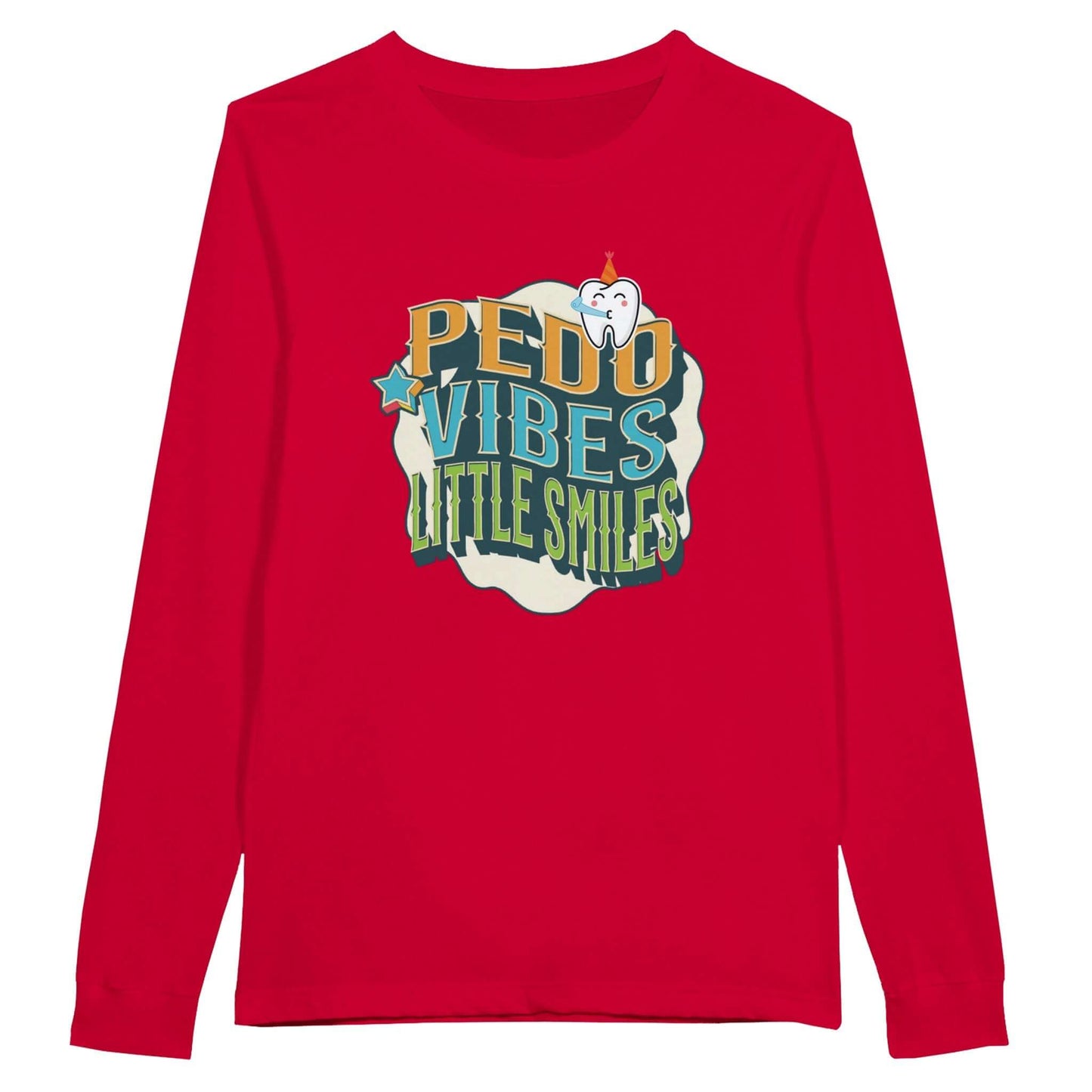 Personalized Premium Unisex Long Sleeve T-shirt with 'PEDO VIBES, Little Smiles' design on a red background.