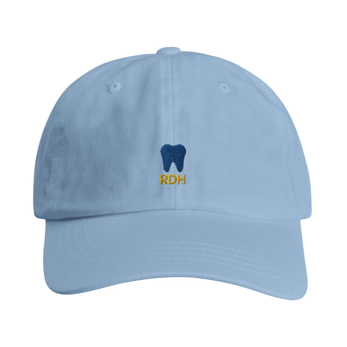Personalized RDH Dental Dad Cap with tooth embroidery and RDH text on blue cotton twill fabric.