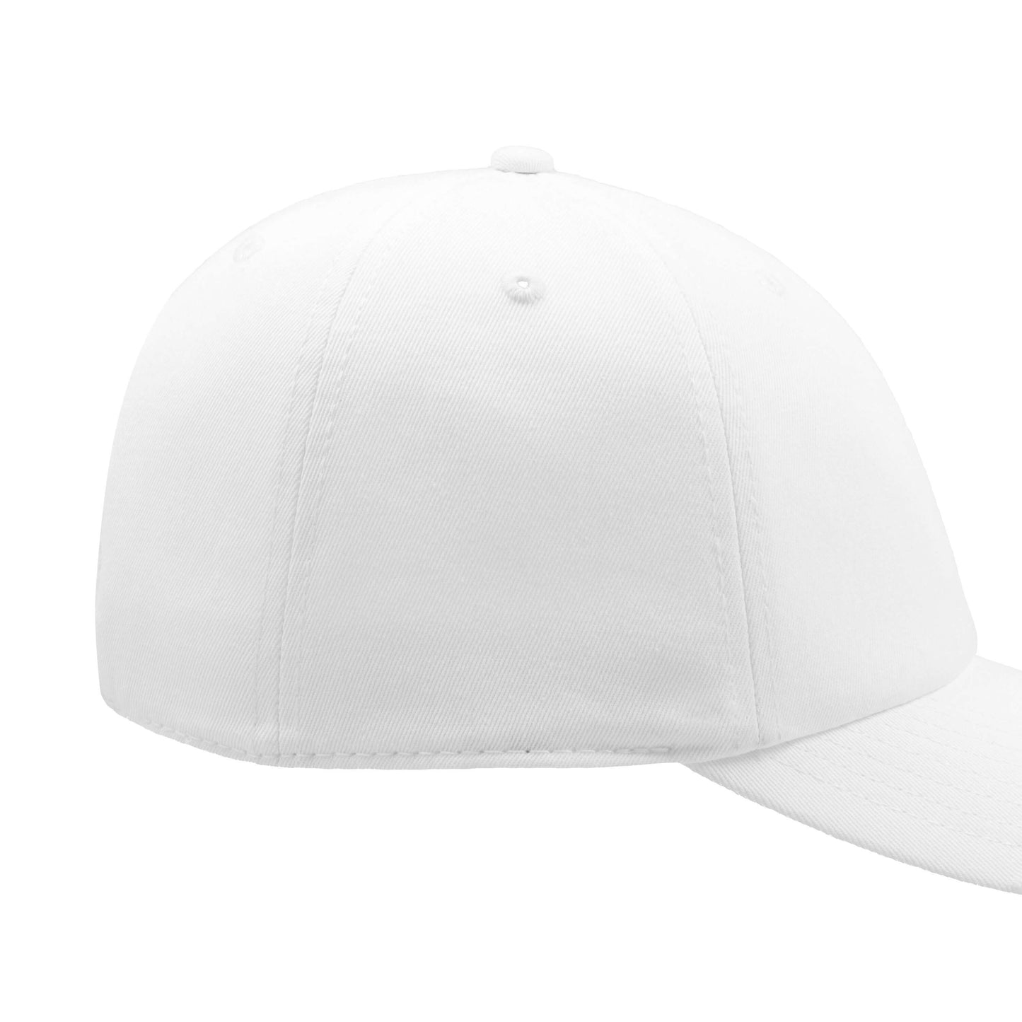 White Yupoong low-profile dad cap with a smooth cotton twill finish, ideal for personalization and comfort.
