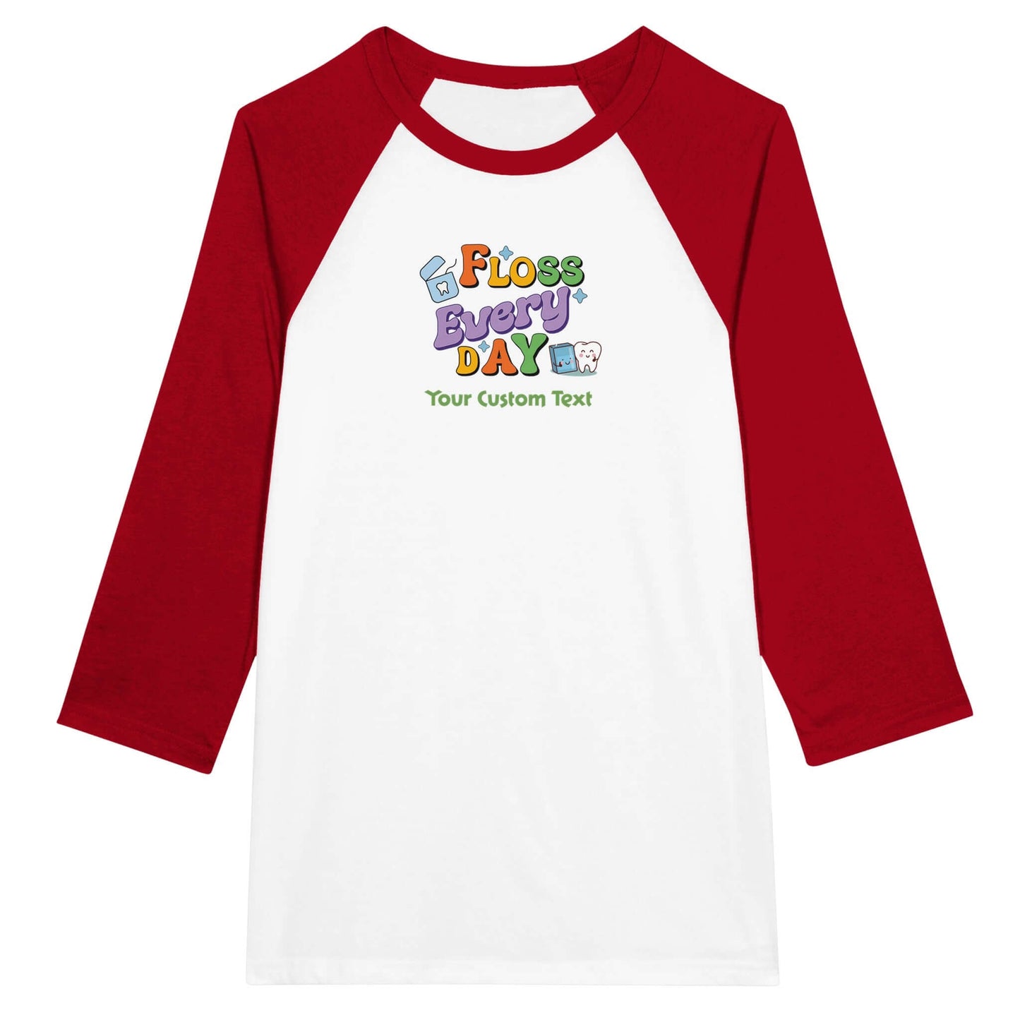 Personalized Unisex 3/4 Sleeve Raglan T-Shirt | Floss Everyday with custom text and colorful design.