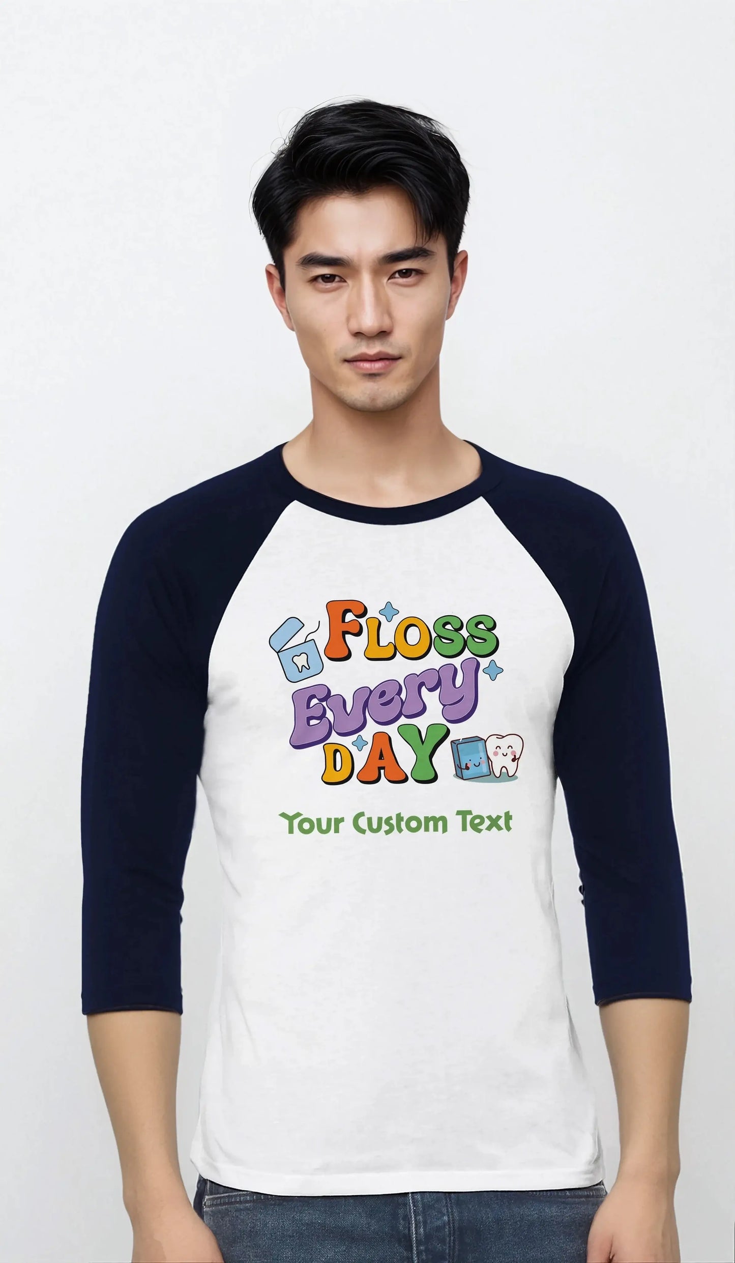 Personalized Unisex 3/4 Sleeve Raglan T-Shirt featuring 'Floss Every Day' design and custom text.