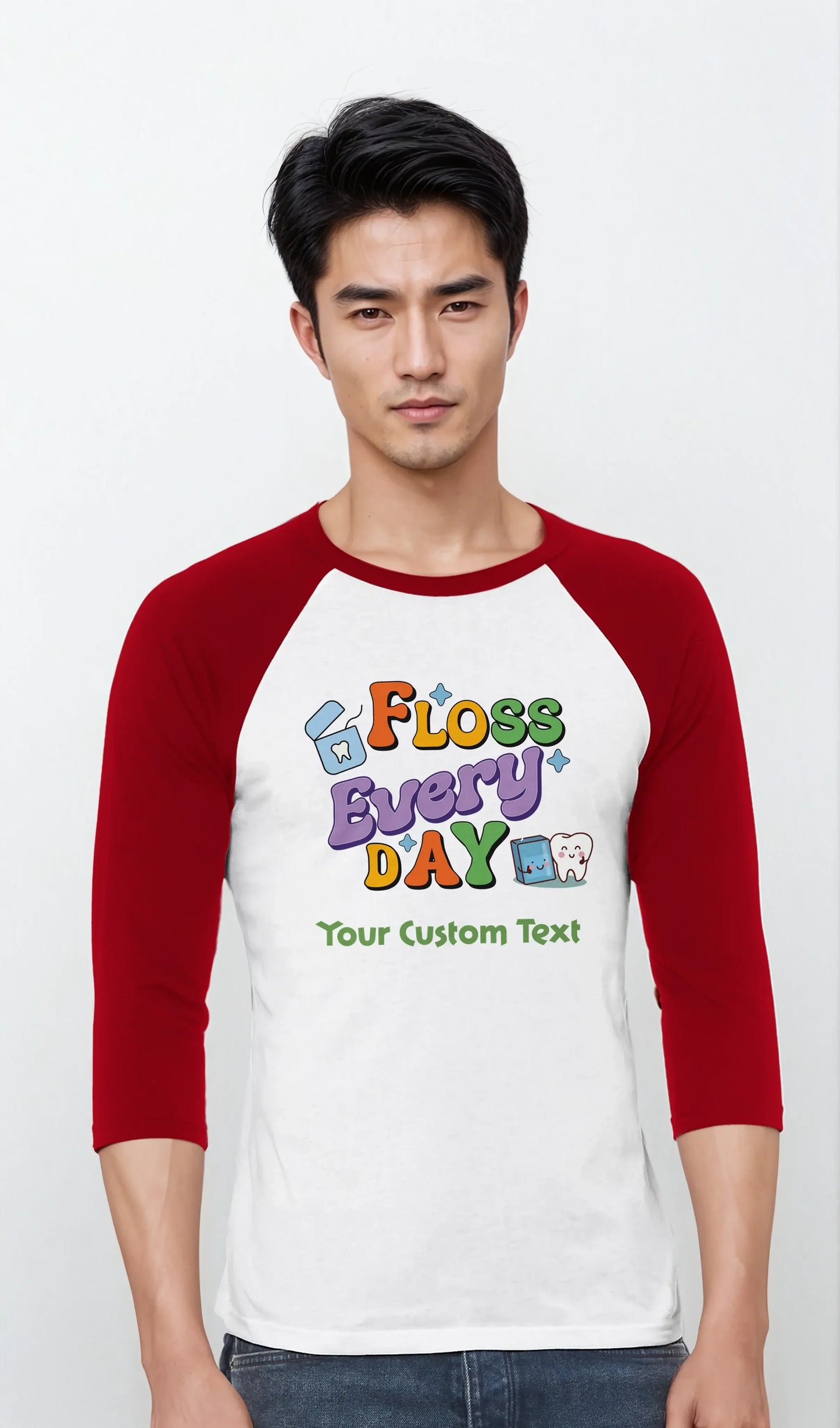 Personalized Unisex 3/4 Sleeve Raglan T-Shirt featuring 'Floss Every Day' design and custom text.