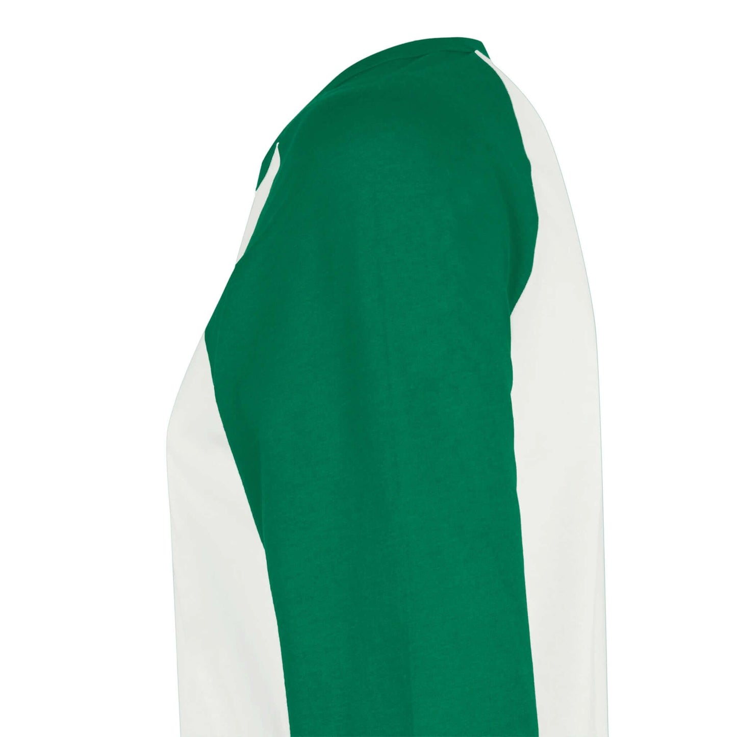 Side view of the Personalized Unisex 3/4 Sleeve Raglan T-Shirt in green and white, featuring a comfortable fit.
