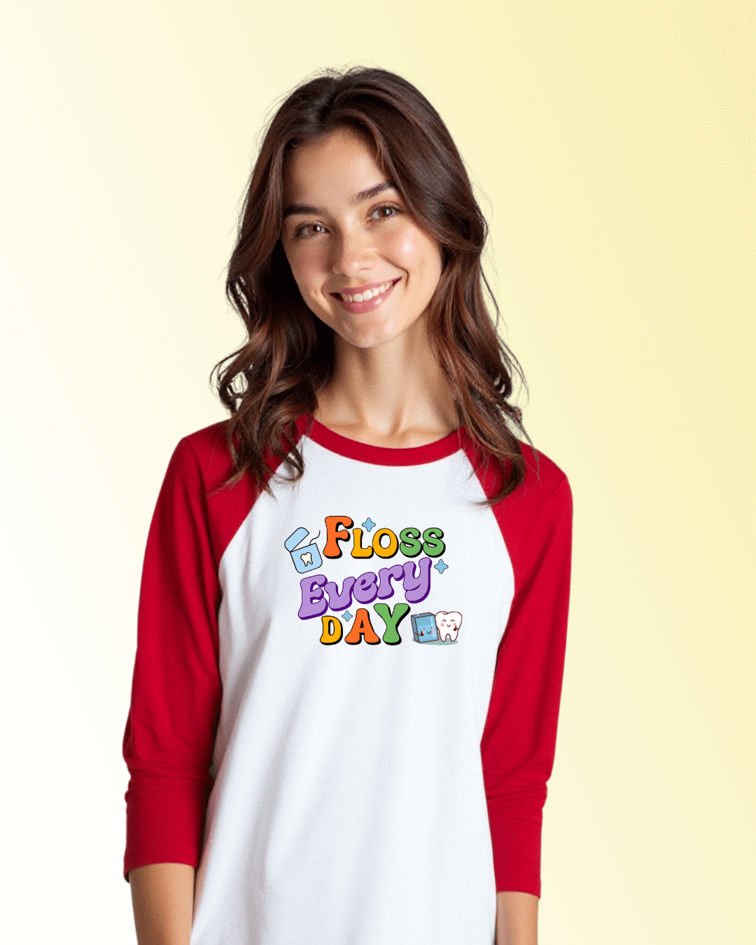Smiling woman wearing a Personalized Unisex 3/4 Sleeve Raglan T-Shirt with 'Floss Everyday' design.