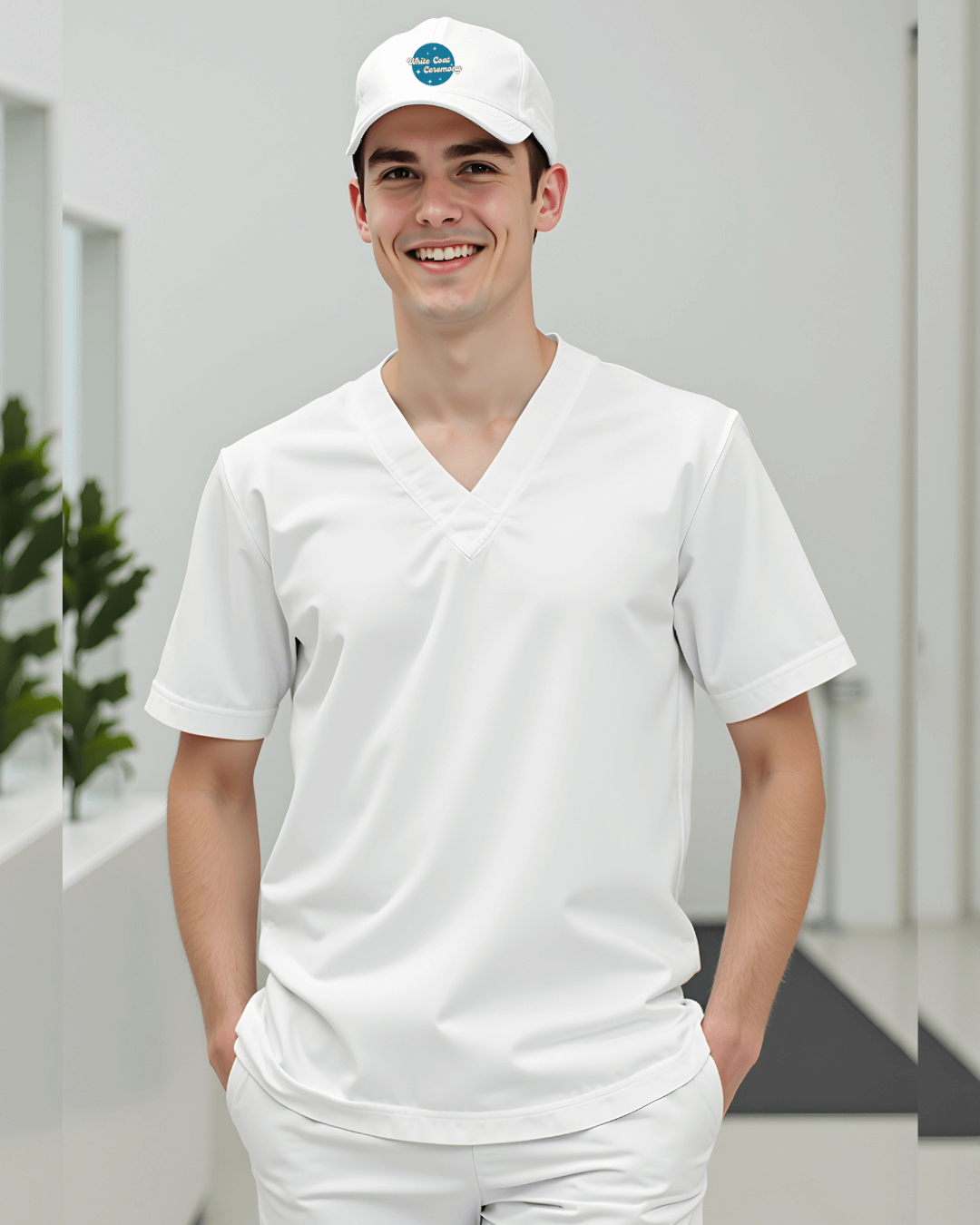 Smiling young man in white scrub top and white cap, celebrating his White Coat Ceremony as a future dentist.